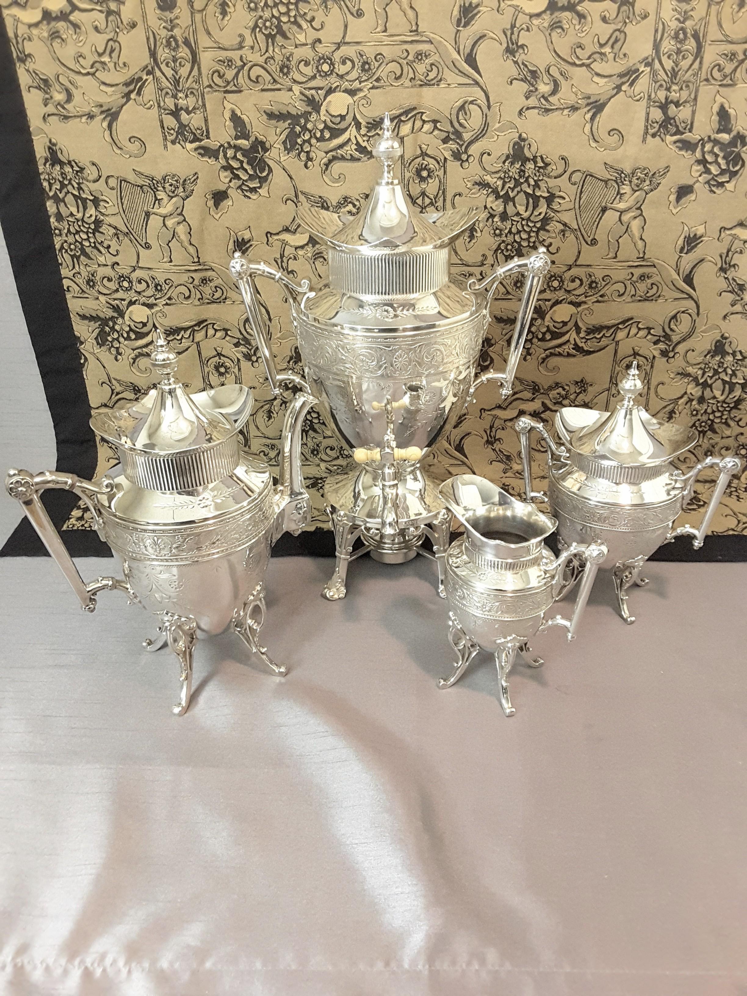 Silver Plate Exquisite Aesthetic Movement Silverplated Tea Service by Simpson, Hall & Miller For Sale