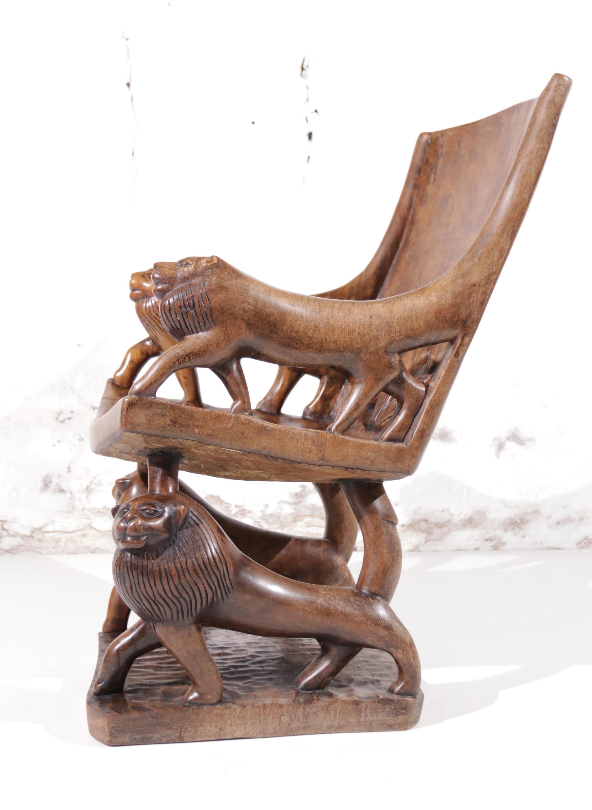 Teak Exquisite African Sculptural Lion Throne 1 Piece of Solid Hand Carved Wood
