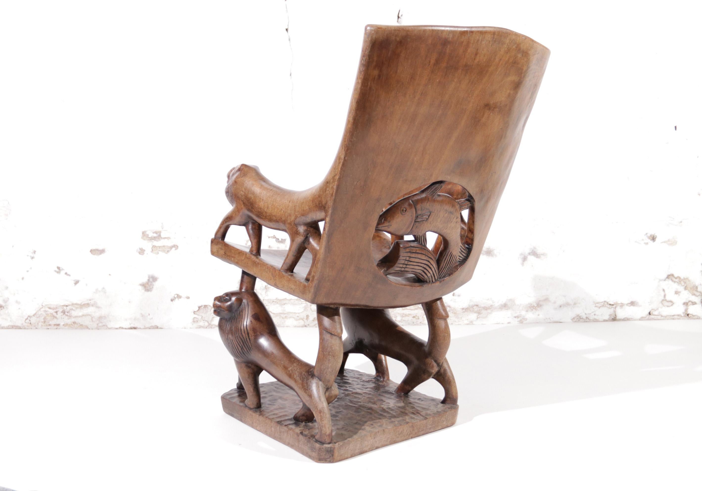 Africain Exquise sculpture africaine du trône du lion 1 pièce en bois massif sculpté à la main
