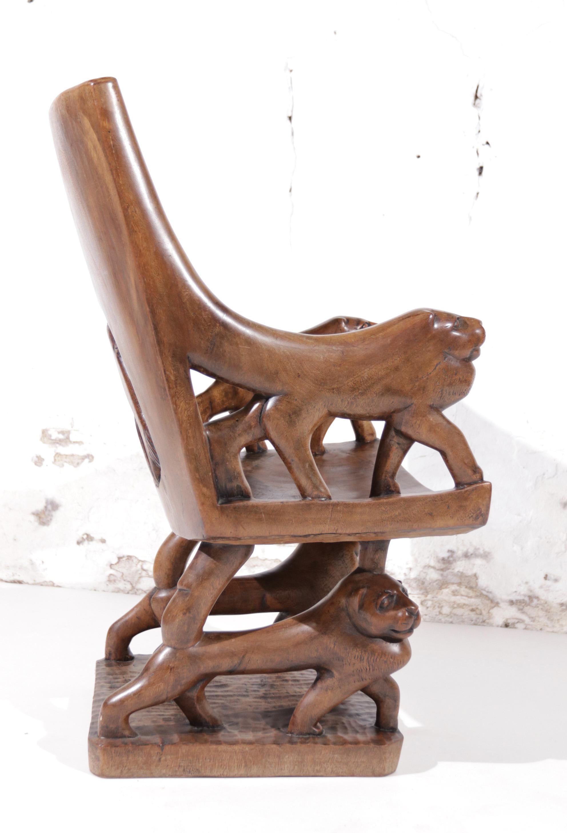 Mid-20th Century Exquisite African Sculptural Lion Throne 1 Piece of Solid Hand Carved Wood