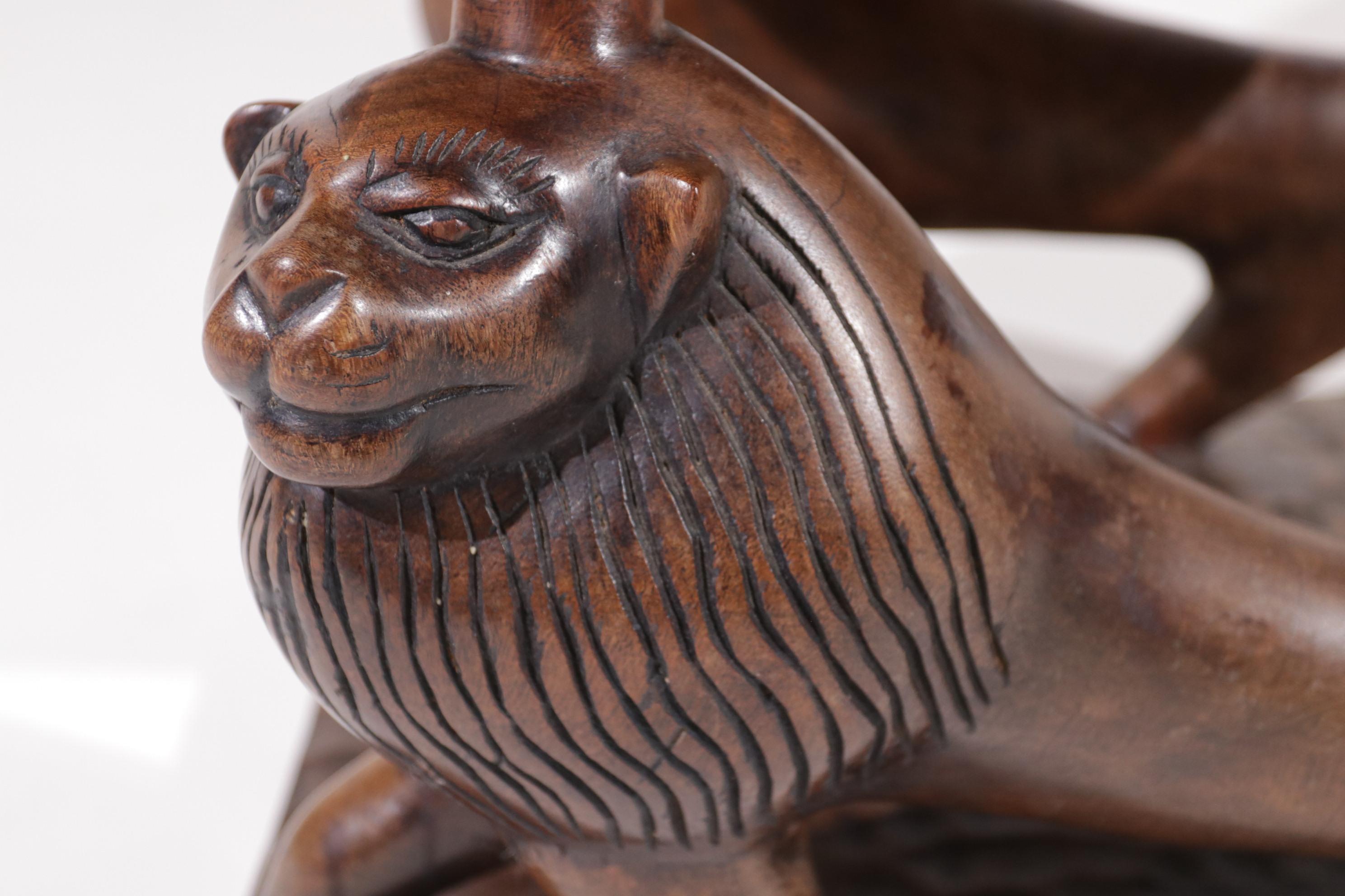 Teck Exquise sculpture africaine du trône du lion 1 pièce en bois massif sculpté à la main