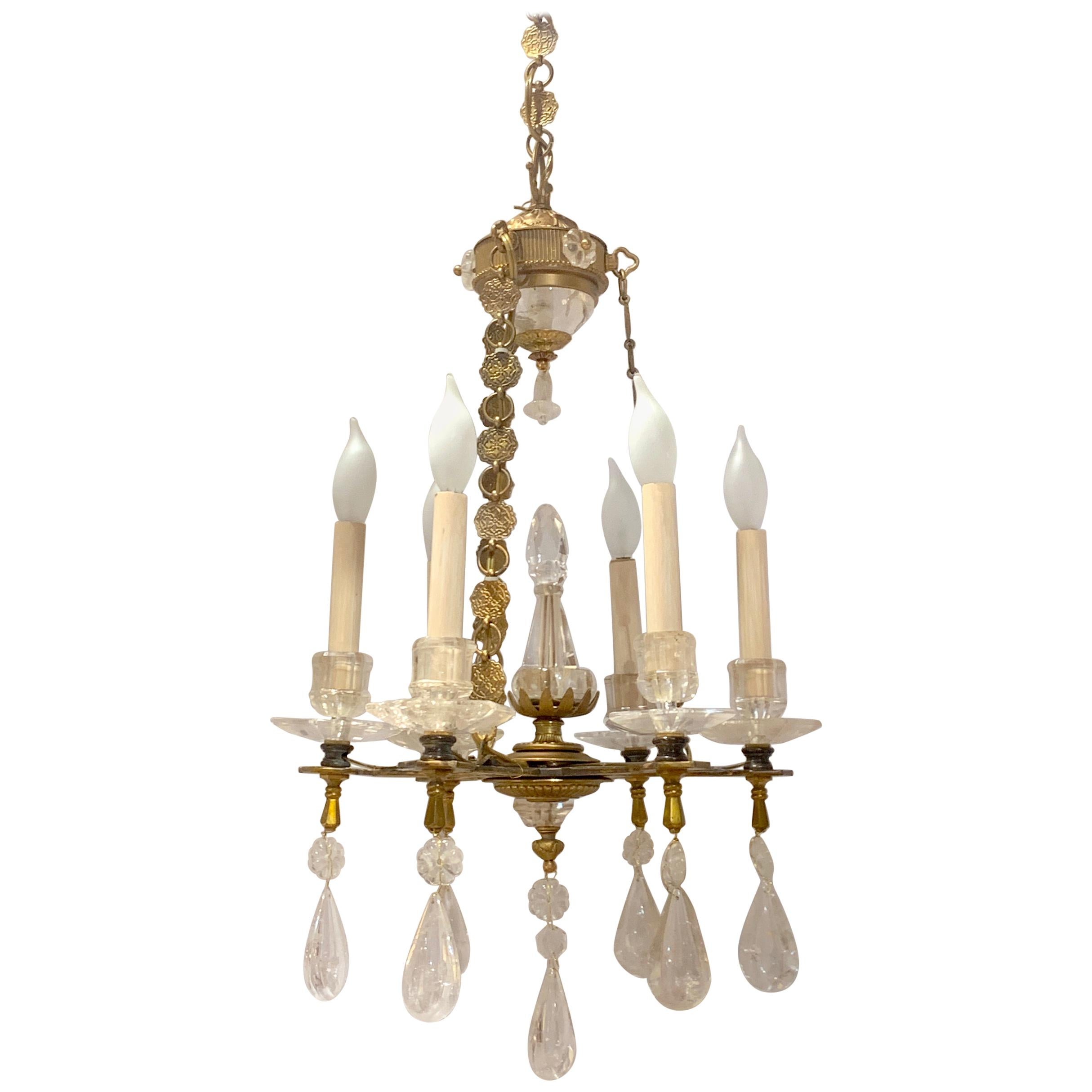 Exquisite All Rock Crystal and Gilt Bronze Six-Light Boudoir Chandelier For Sale