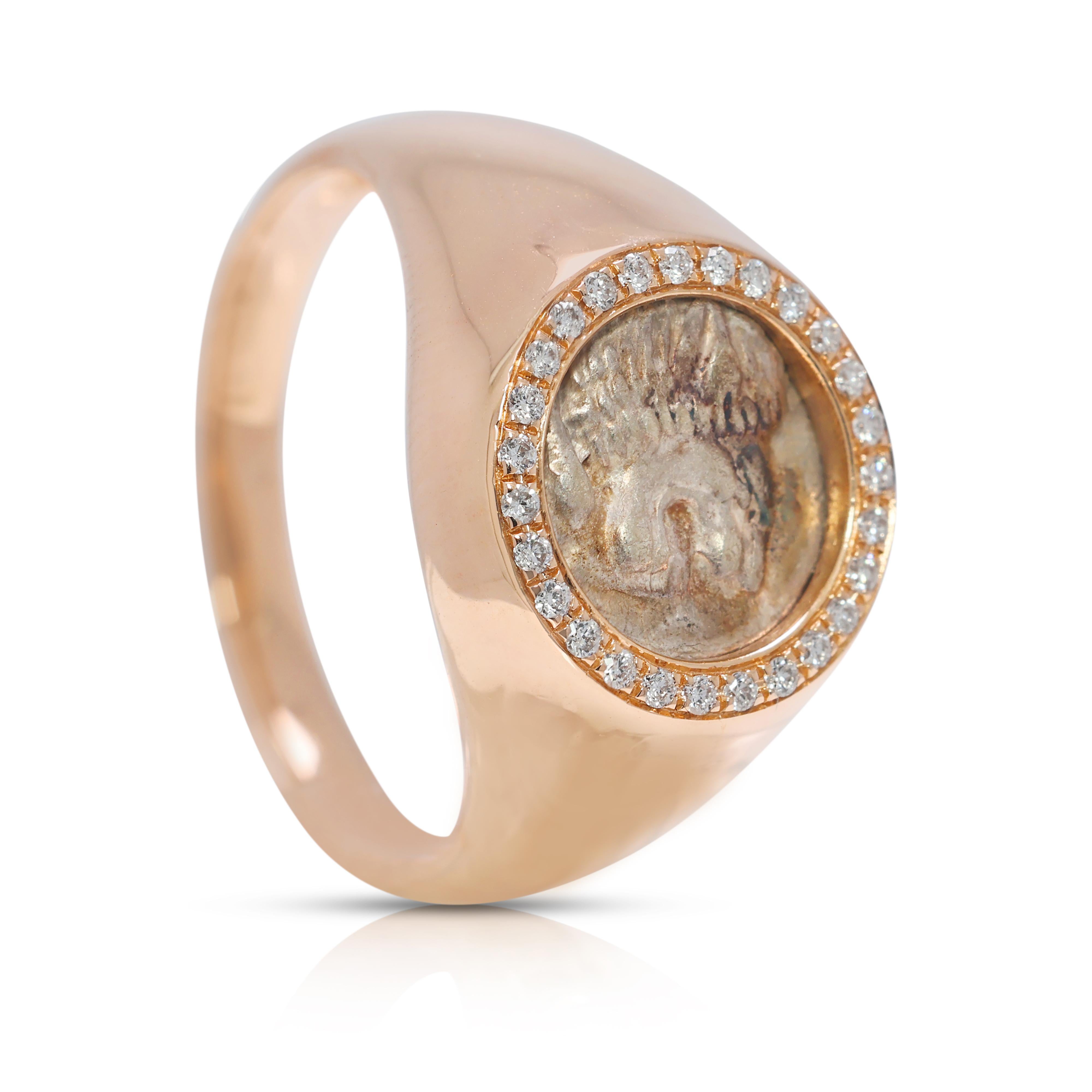 Exquisite antike griechische Löwenmünze & 0,13ct natürlicher Diamantring (Rundschliff) im Angebot