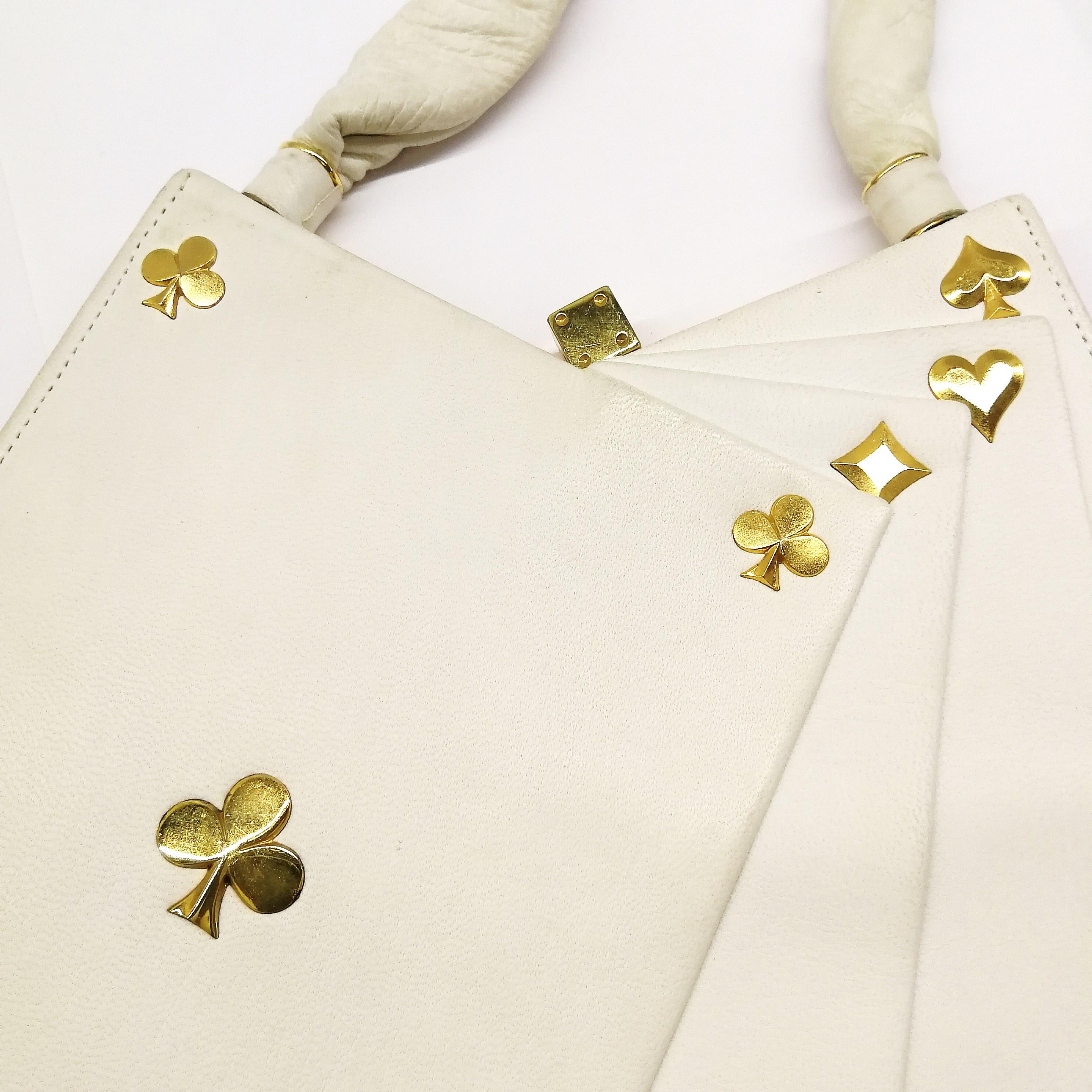 Exquisite Anne-Marie of Paris white leather and gilt 'Hand of Cards' handbag. 2