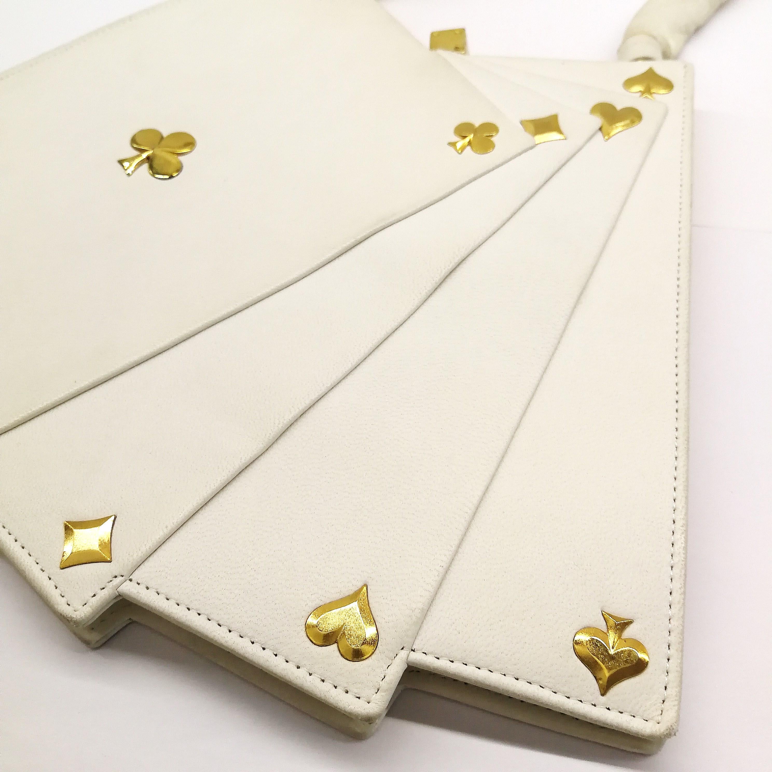 White Exquisite Anne-Marie of Paris white leather and gilt 'Hand of Cards' handbag.