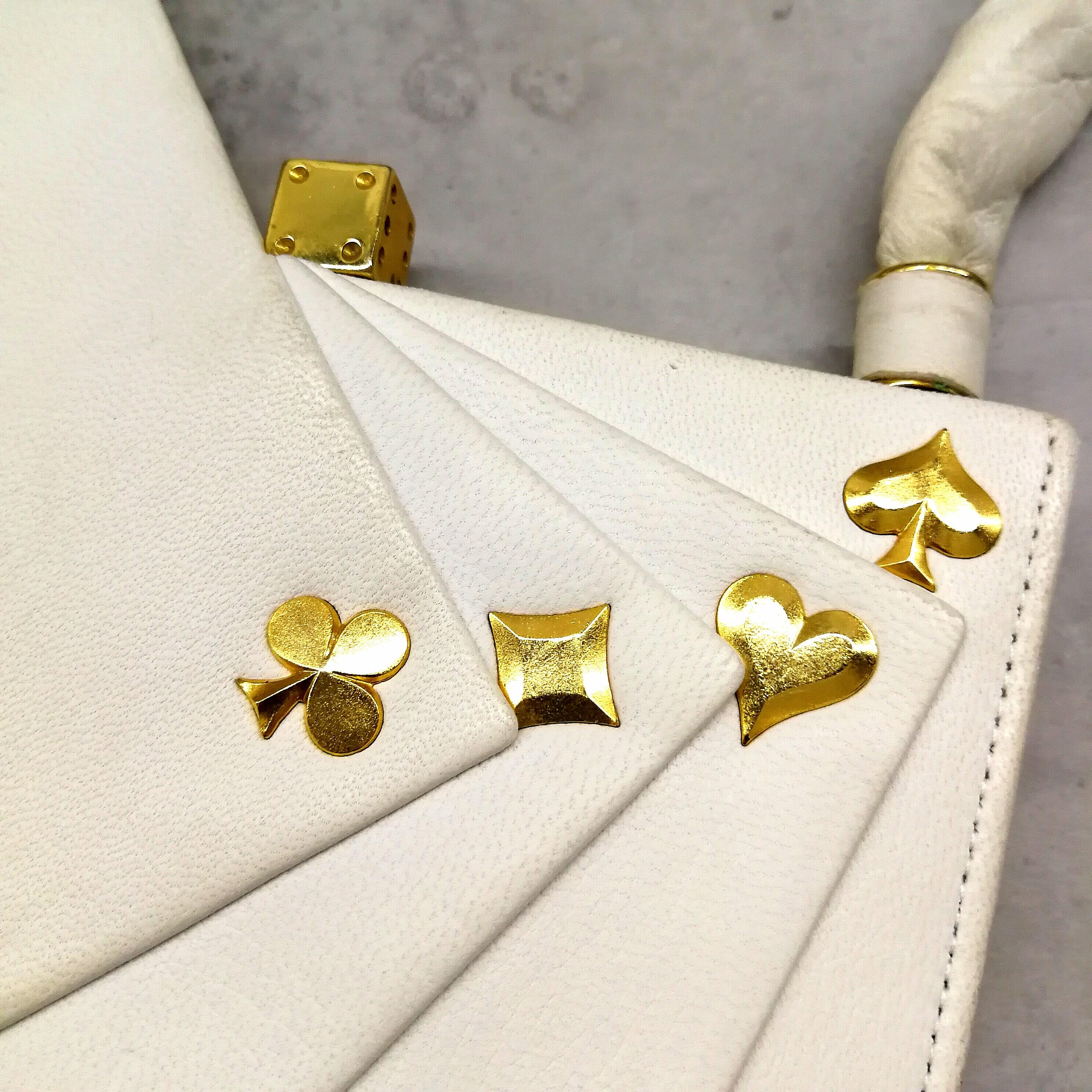 Exquisite Anne-Marie of Paris white leather and gilt 'Hand of Cards' handbag. 1