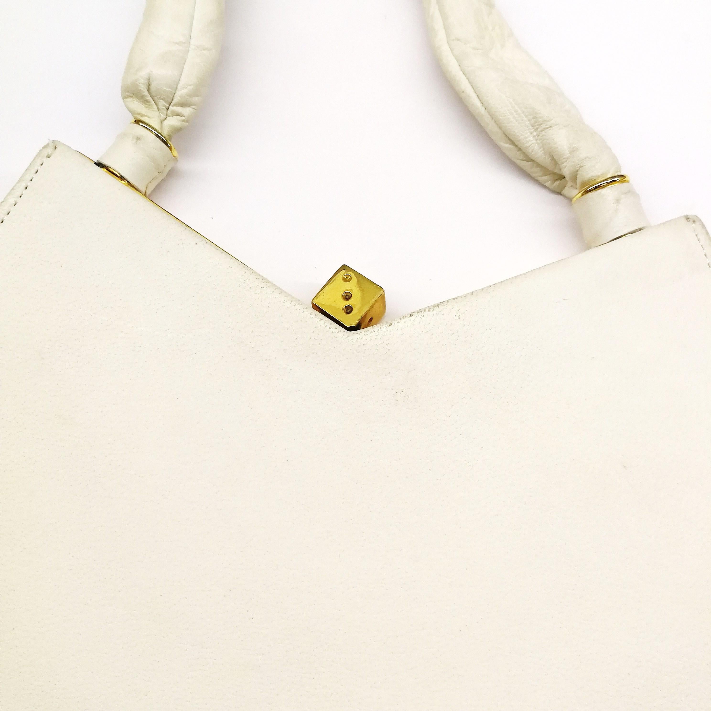 Women's Exquisite Anne-Marie of Paris white leather and gilt 'Hand of Cards' handbag.