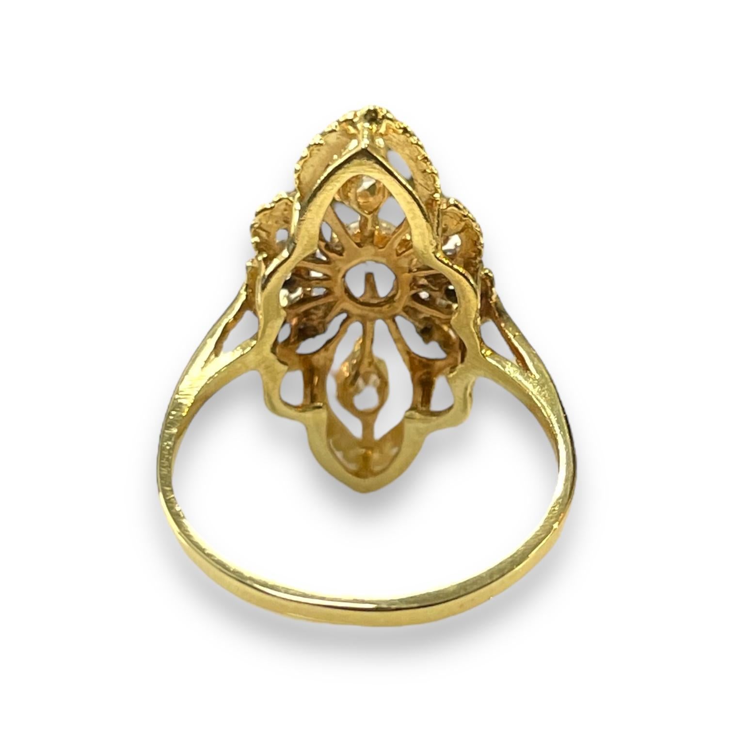 Round Cut Exquisite Antique 14K Gold Marquise Ring with Diamond Floral Design