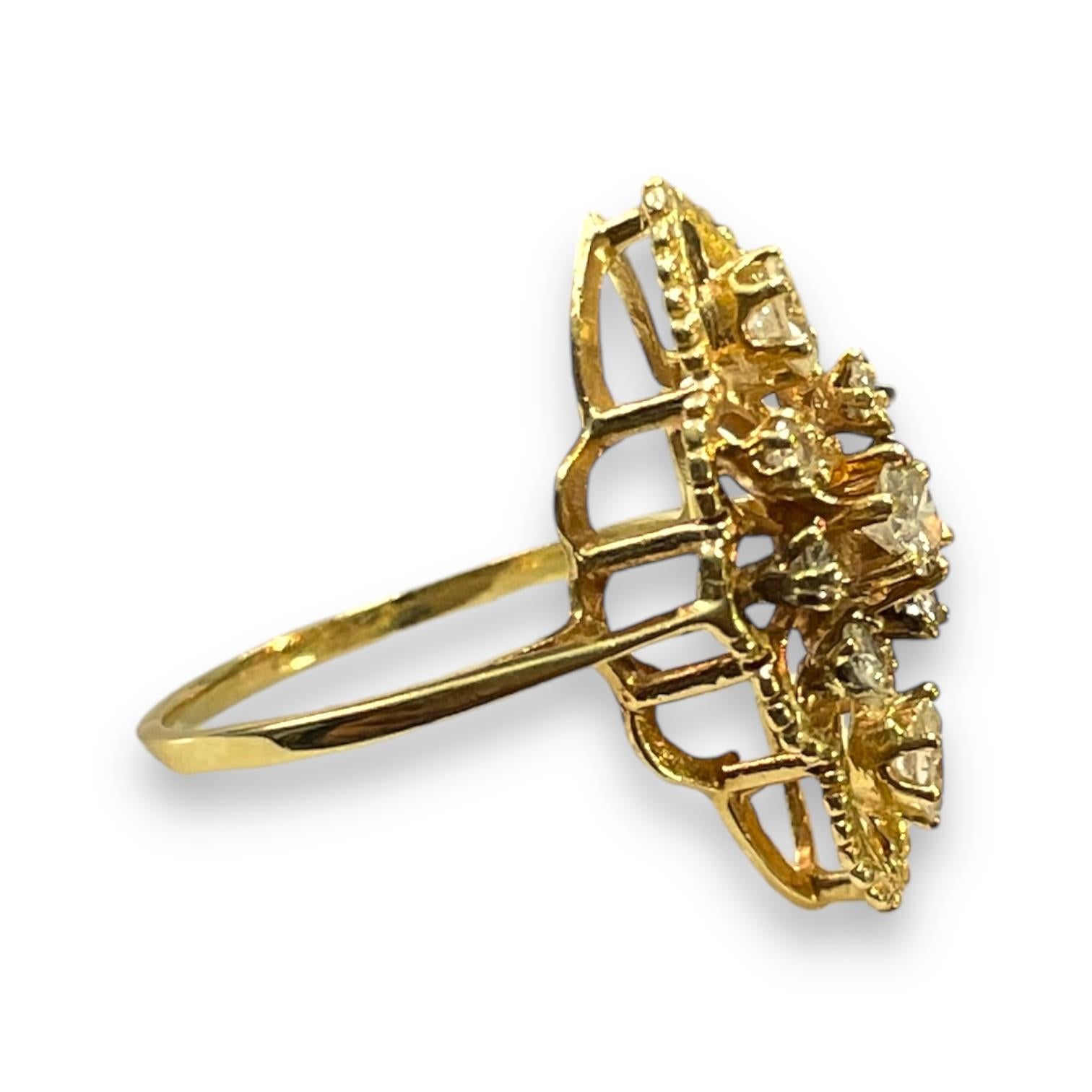 Exquisite Antique 14K Gold Marquise Ring with Diamond Floral Design In Excellent Condition In New York, NY