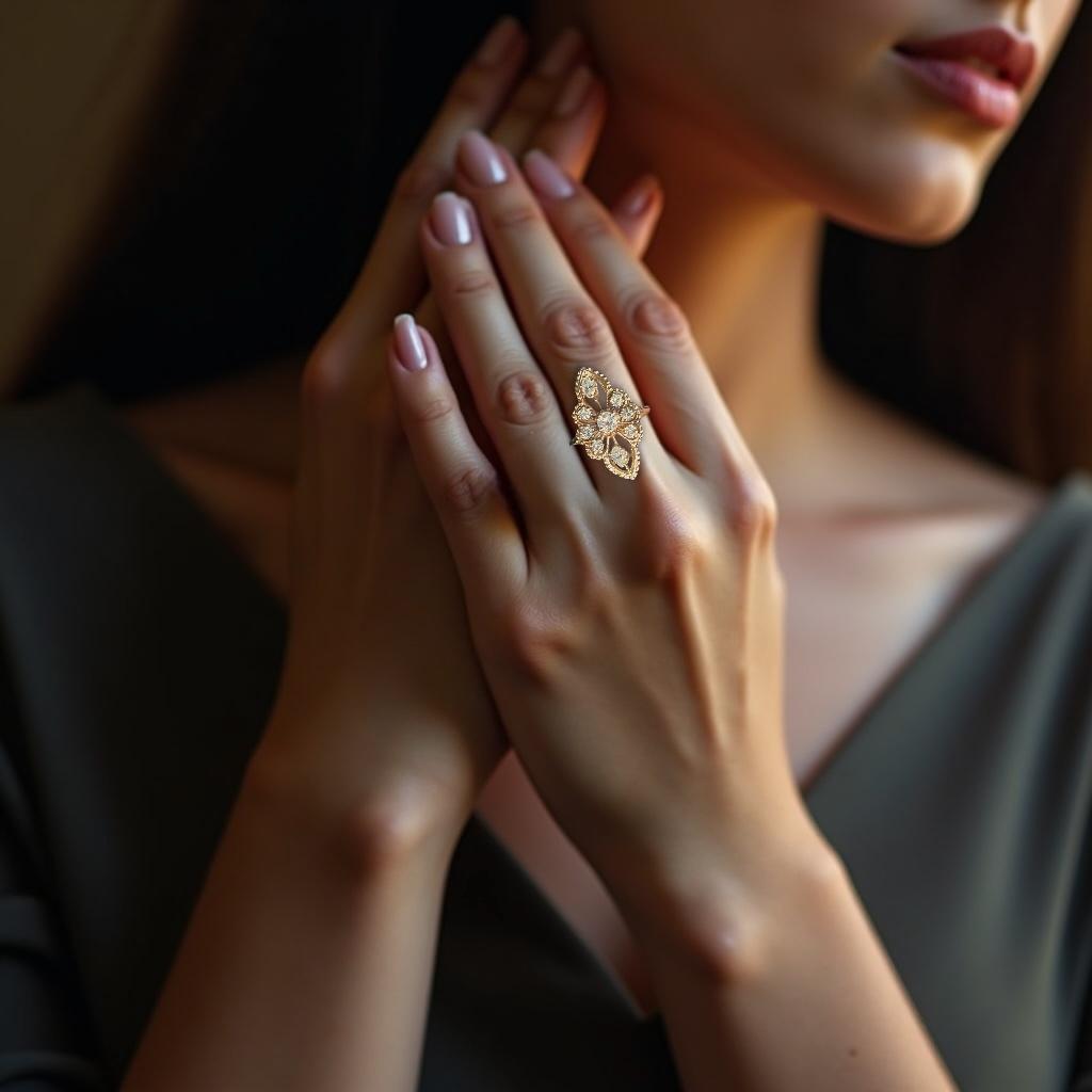 Women's or Men's Exquisite Antique 14K Gold Marquise Ring with Diamond Floral Design