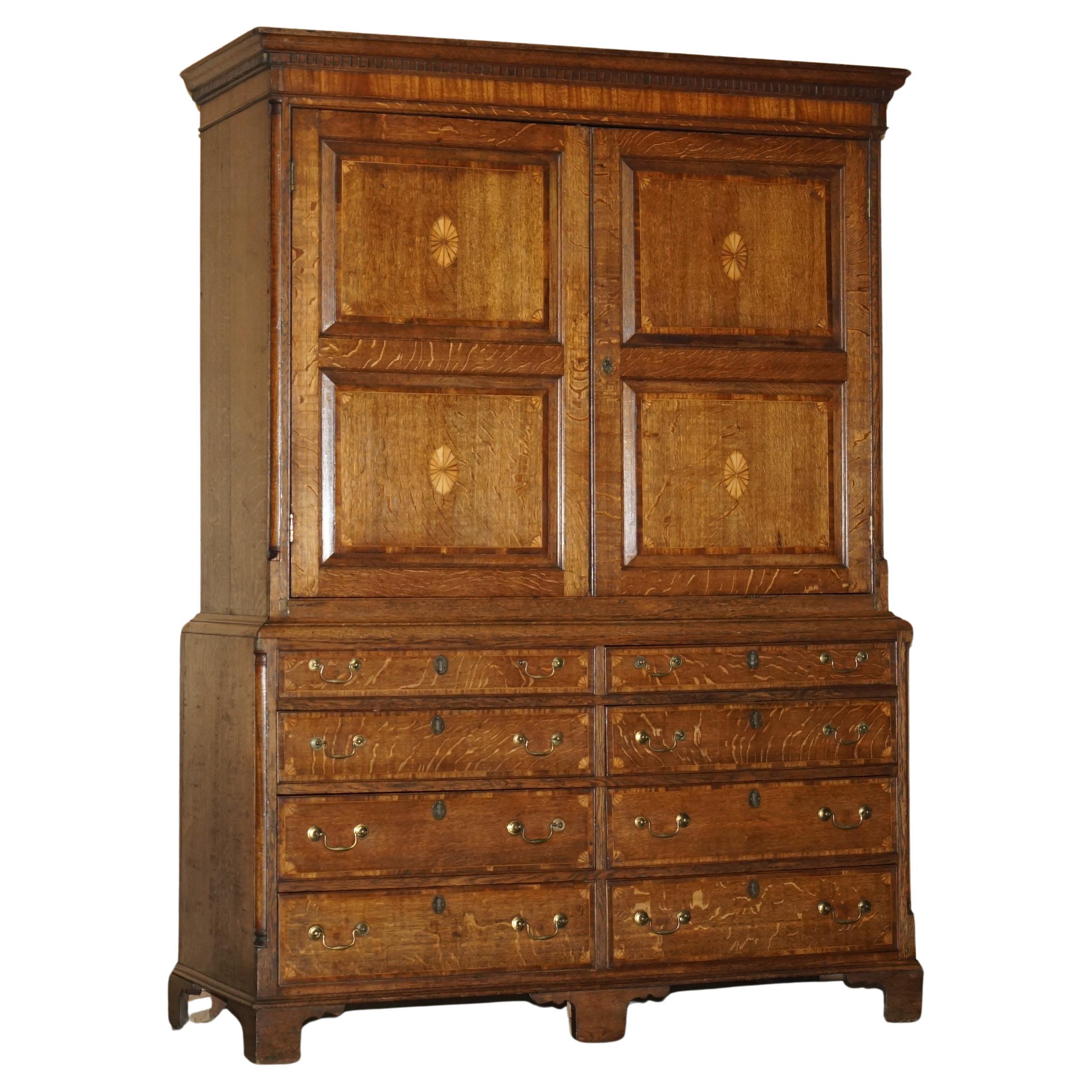EXQUISITE ANTiQUE 1800 SHERATON INLAID HOUSEKEEPERS CUPBOARD WARDROBE DRAWERS For Sale