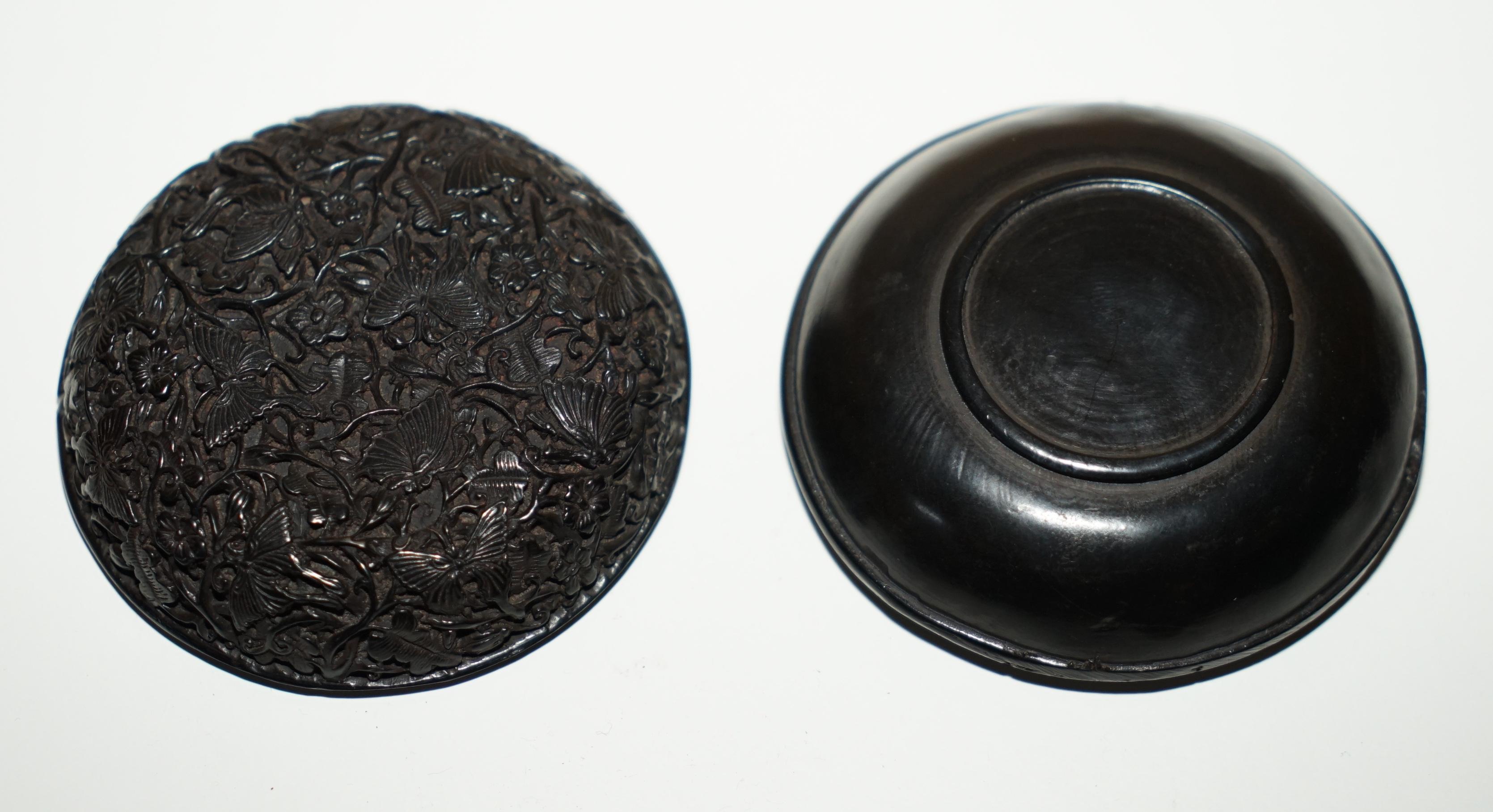 Wood EXQUISiTE ANTIQUE 18TH CENTURY CHINESE BUTTERFLY CINNABAR LACQUER BOWL & COVER For Sale