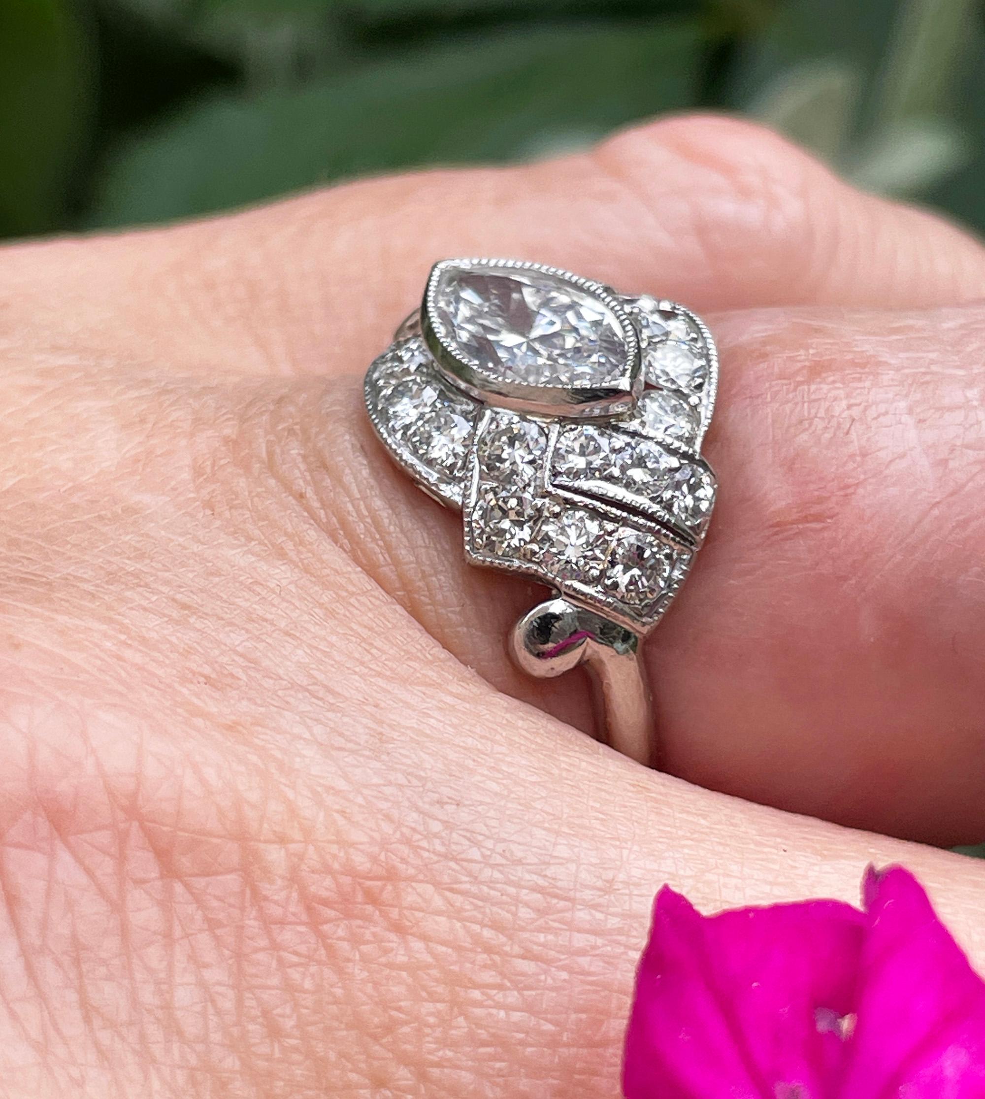Exquisite Antique Art Deco 2.51ct Moval Marquise Cut Diamond PL Engagement Ring For Sale 9