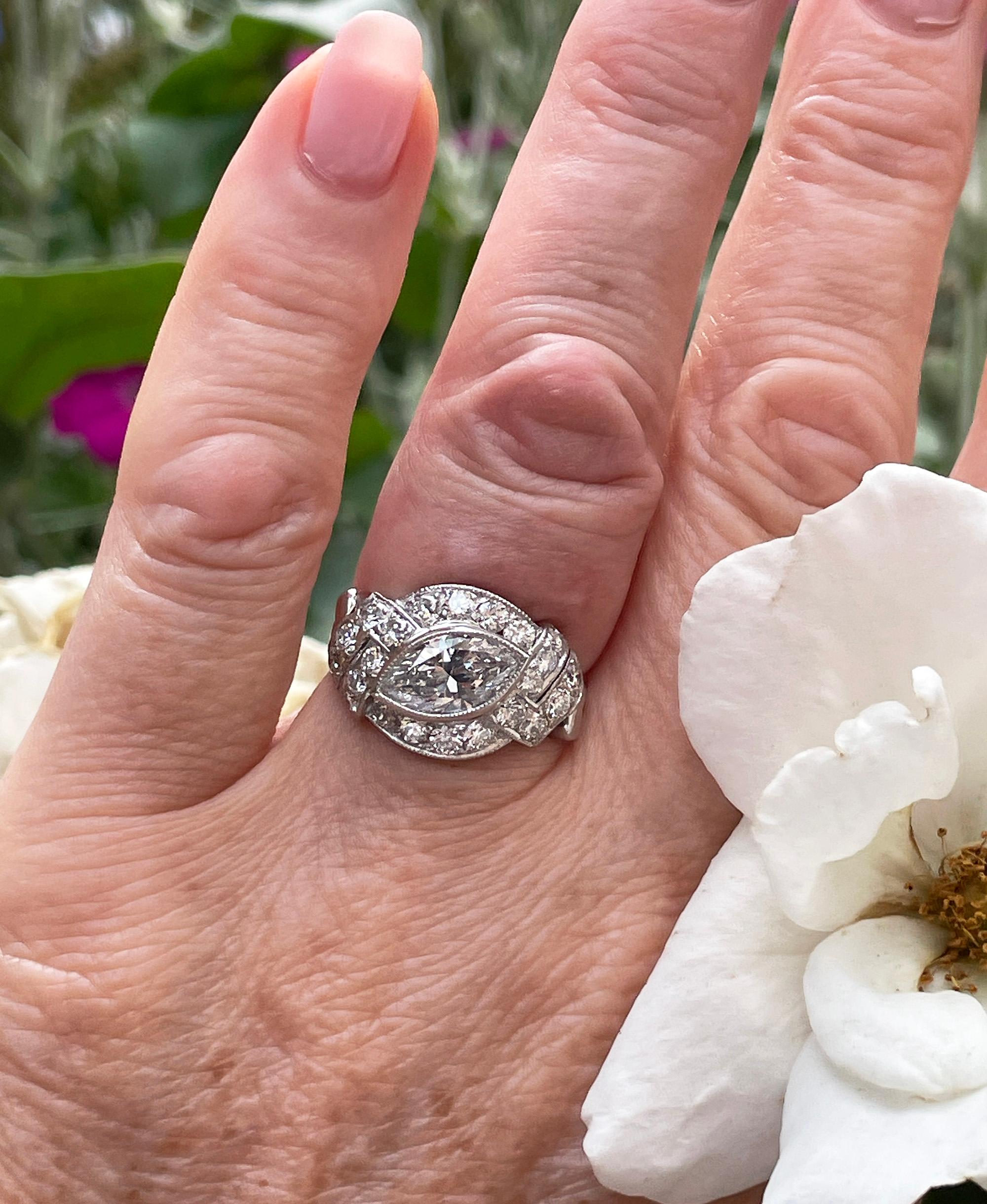 Exquisite Antique Art Deco 2.51ct Moval Marquise Cut Diamond PL Engagement Ring For Sale 10