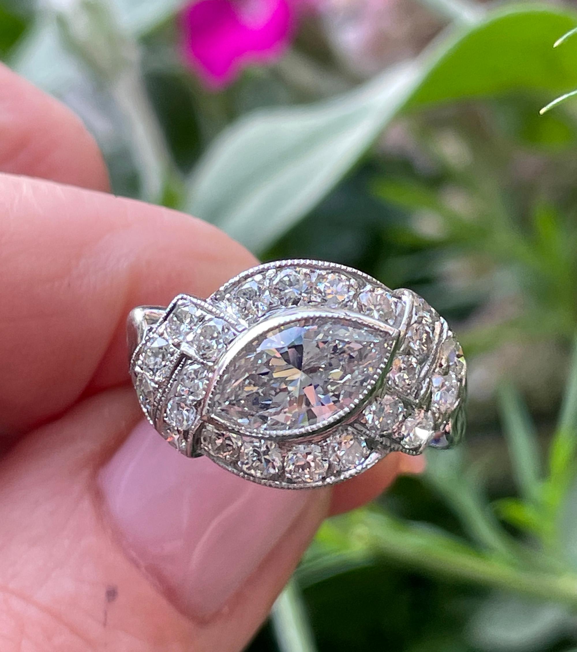 Exquisite Antique Art Deco 2.51ct Moval Marquise Cut Diamond PL Engagement Ring For Sale 11