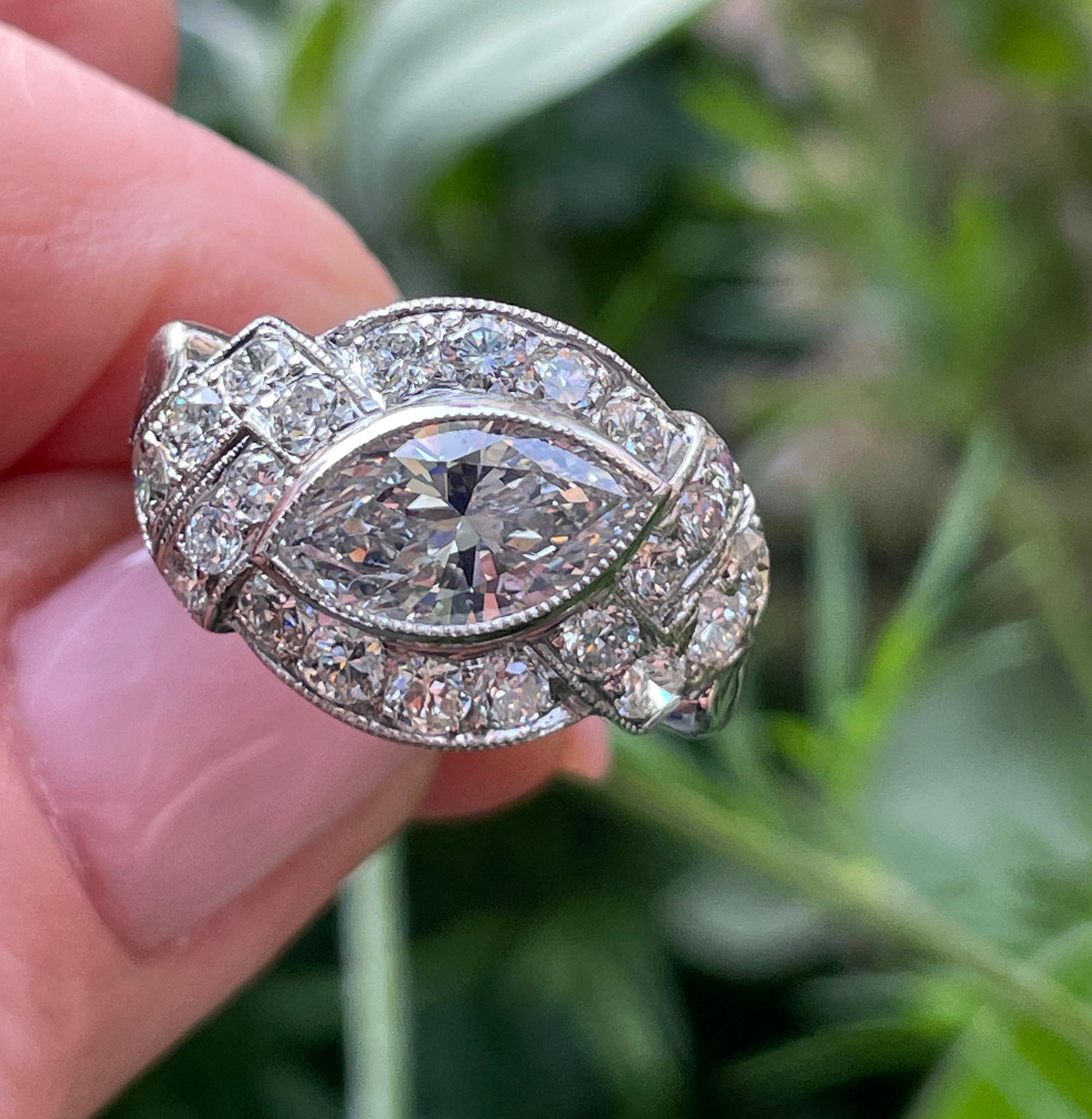 Exquisite Antique Art Deco 2.51ct Moval Marquise Cut Diamond PL Engagement Ring For Sale 12