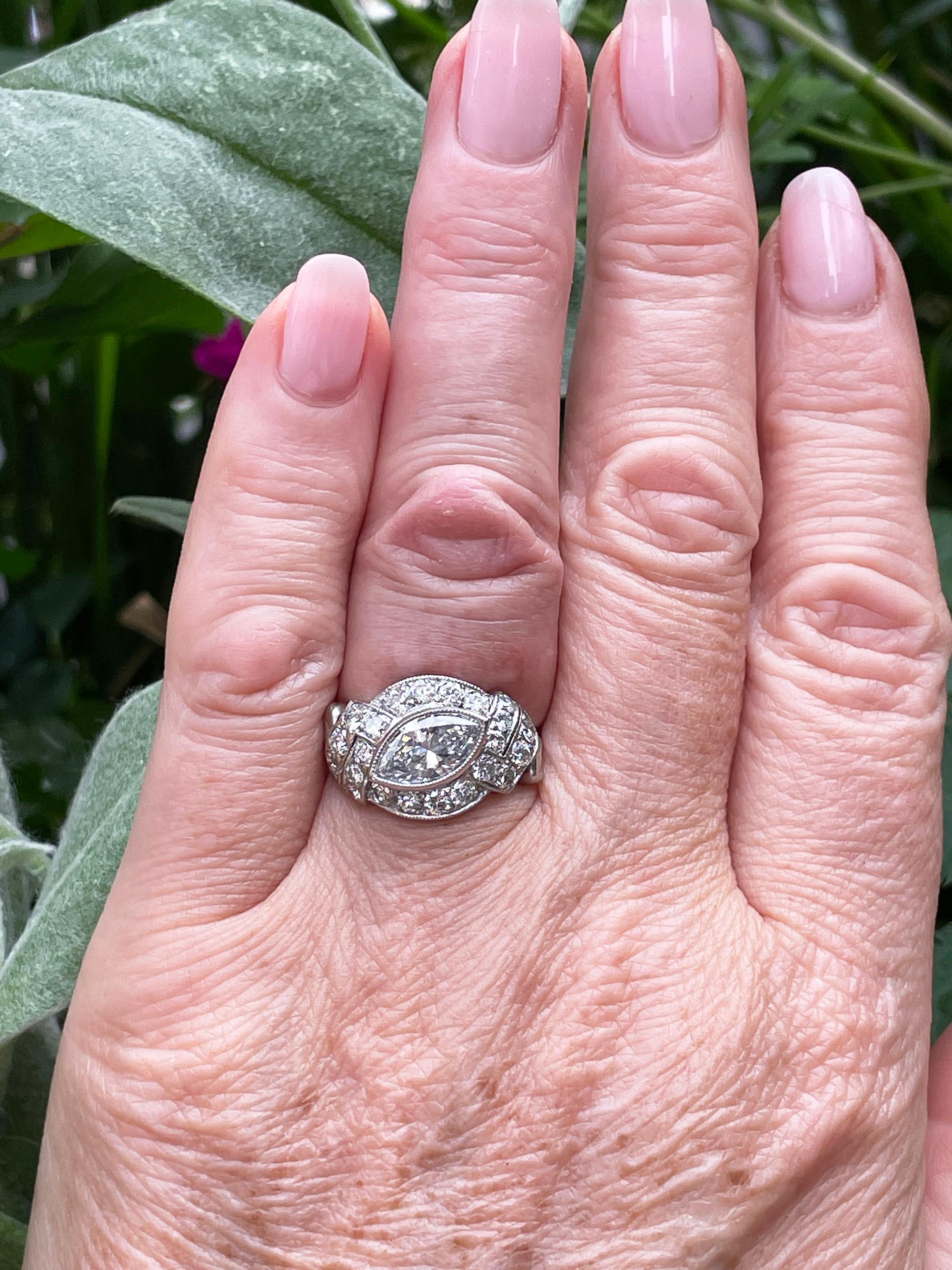Exquisite Antique Art Deco 2.51ct Moval Marquise Cut Diamond PL Engagement Ring For Sale 14