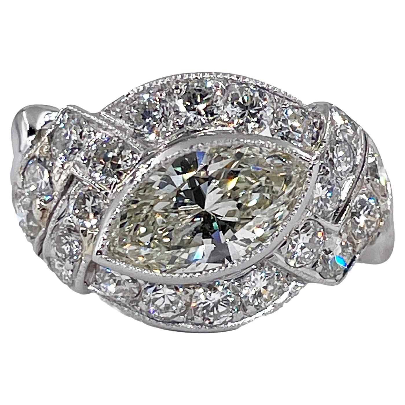 Exquisite Antique Art Deco 2.51ct Moval Marquise Cut Diamond PL Engagement Ring For Sale