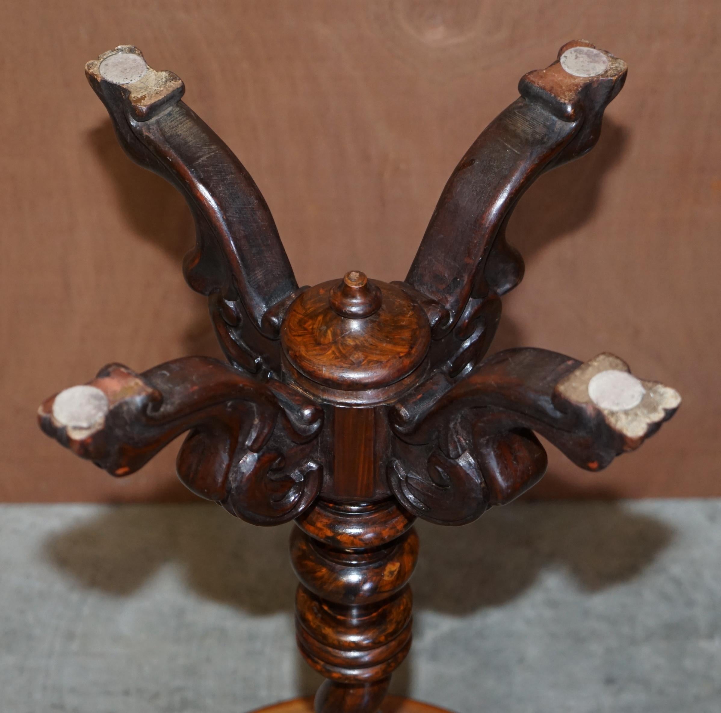 Exquisite Antique Barley Twist Hand Carved Hardwood Side End Lamp Wine Table For Sale 7