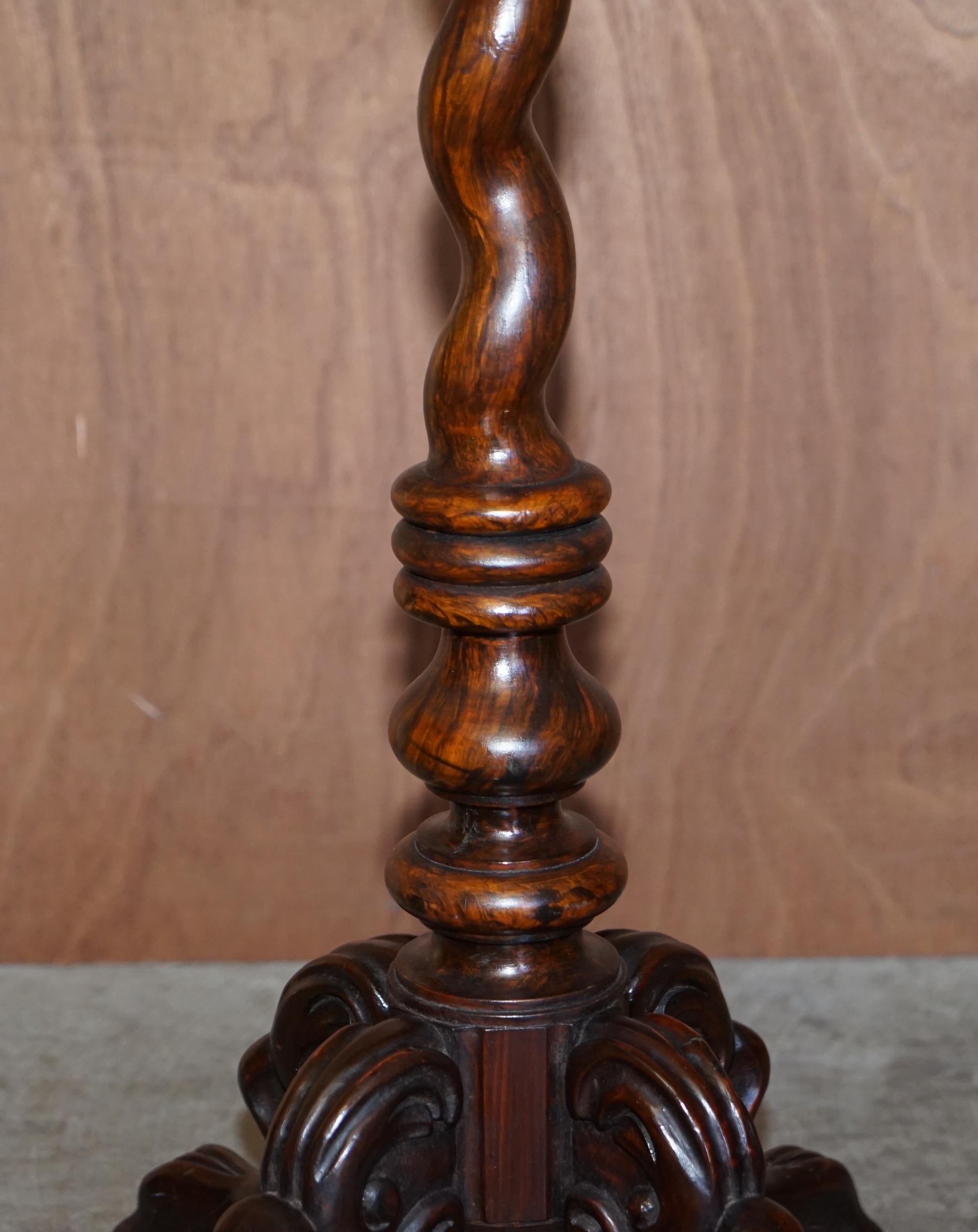 Exquisite Antique Barley Twist Hand Carved Hardwood Side End Lamp Wine Table For Sale 3