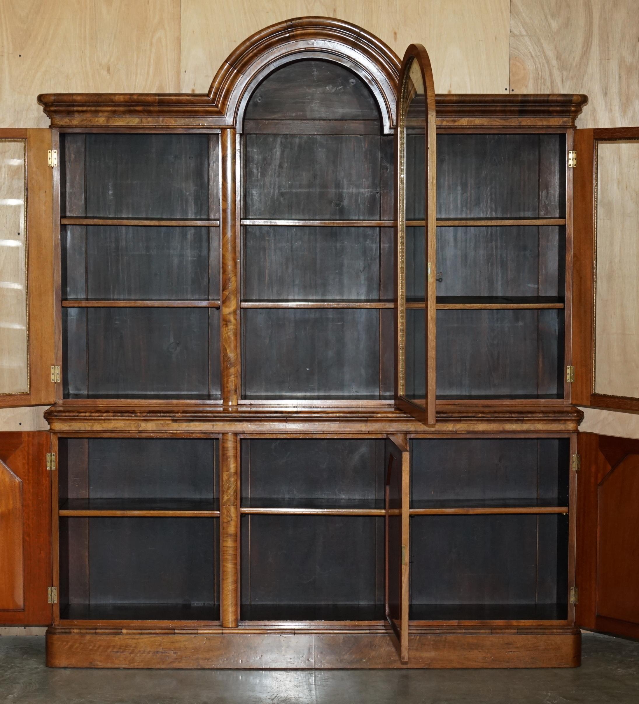 EXQUISITE ANTiQUE BURR WALNUT STEEPLE GOTHIC REVIVAL LIBRARY BOOKCASE DRESSER For Sale 10