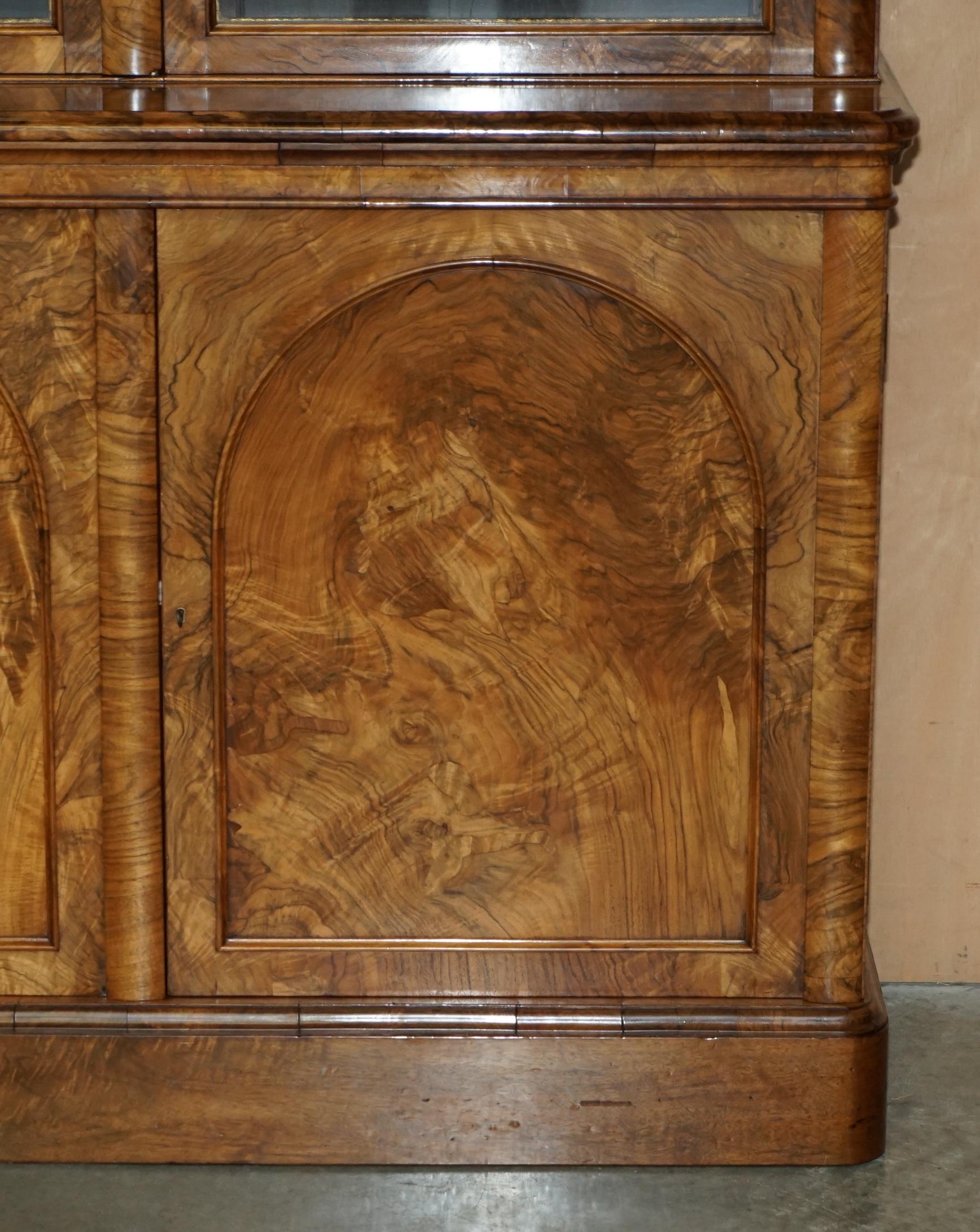 Mid-19th Century EXQUISITE ANTiQUE BURR WALNUT STEEPLE GOTHIC REVIVAL LIBRARY BOOKCASE DRESSER For Sale