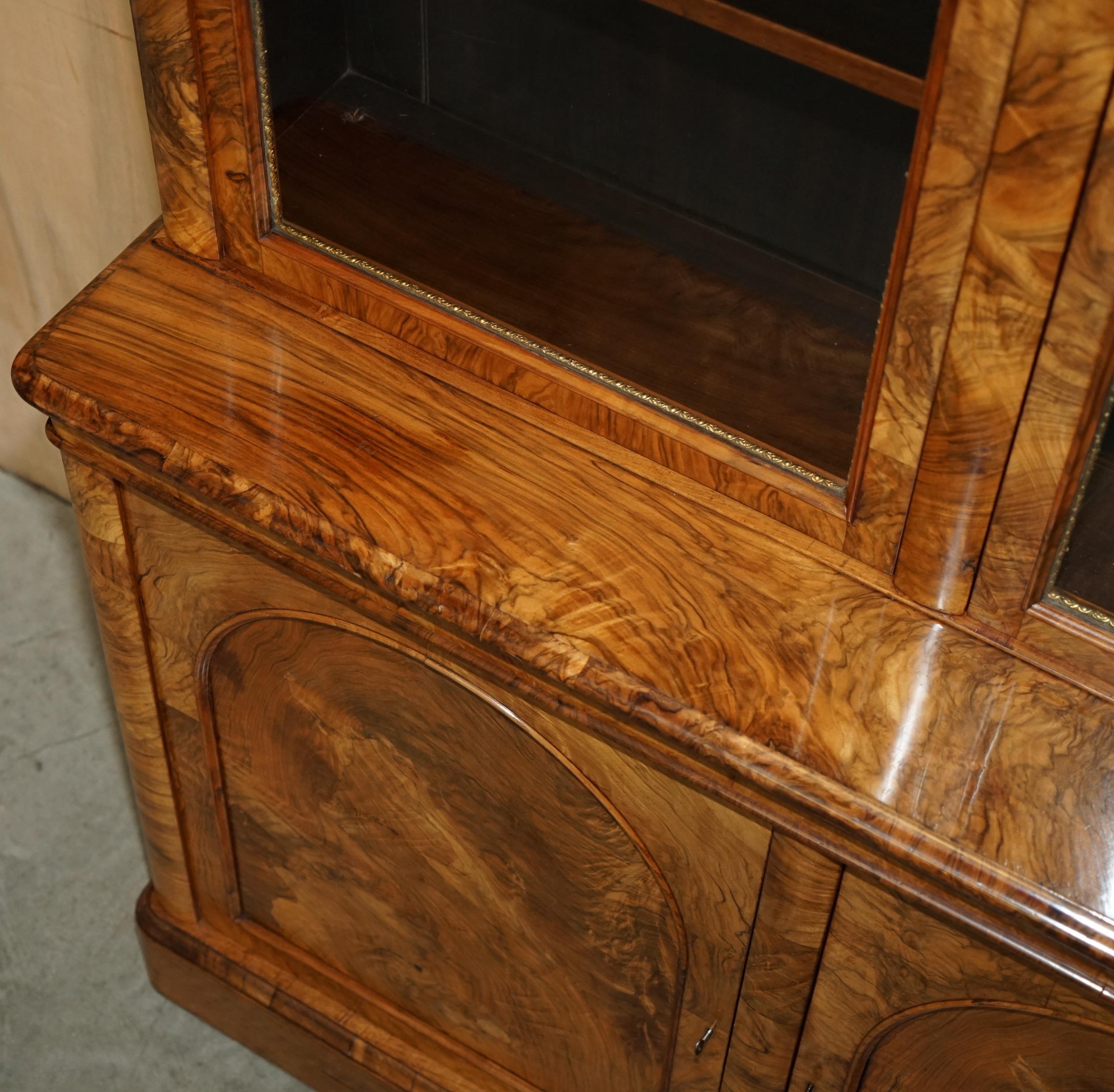 Glass EXQUISITE ANTiQUE BURR WALNUT STEEPLE GOTHIC REVIVAL LIBRARY BOOKCASE DRESSER