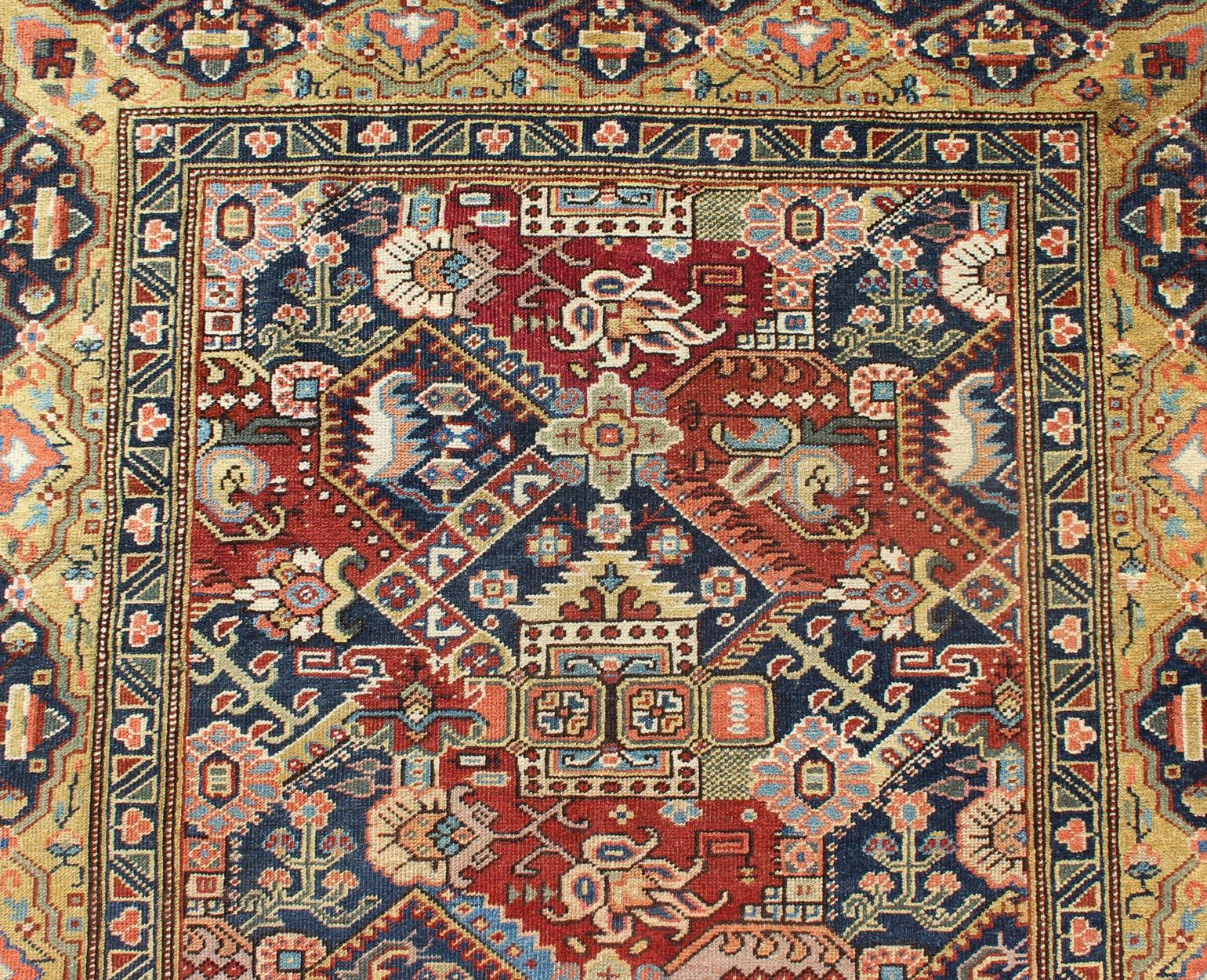 Wool 19th Century Exquisite Antique Caucasian Seychour Rug In Red's And Blue's For Sale