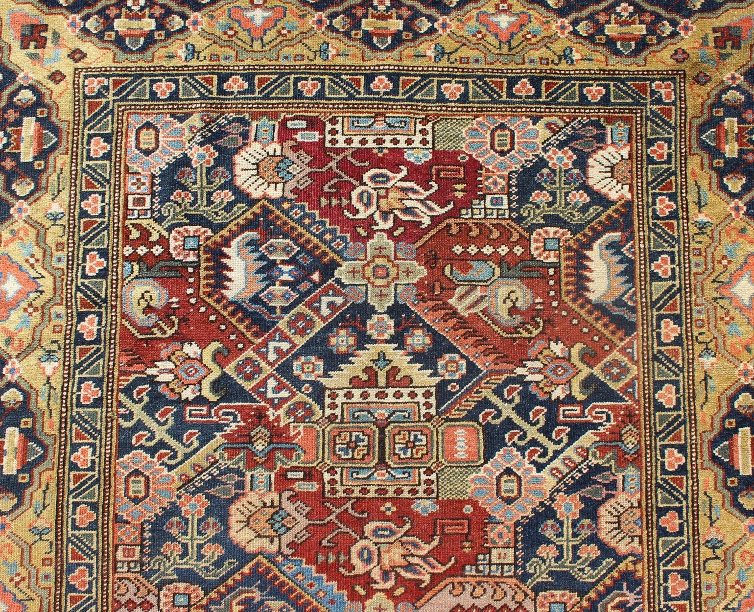 Magnifique tapis caucasien ancien du 19ème siècle en rouge et bleu en vente 2