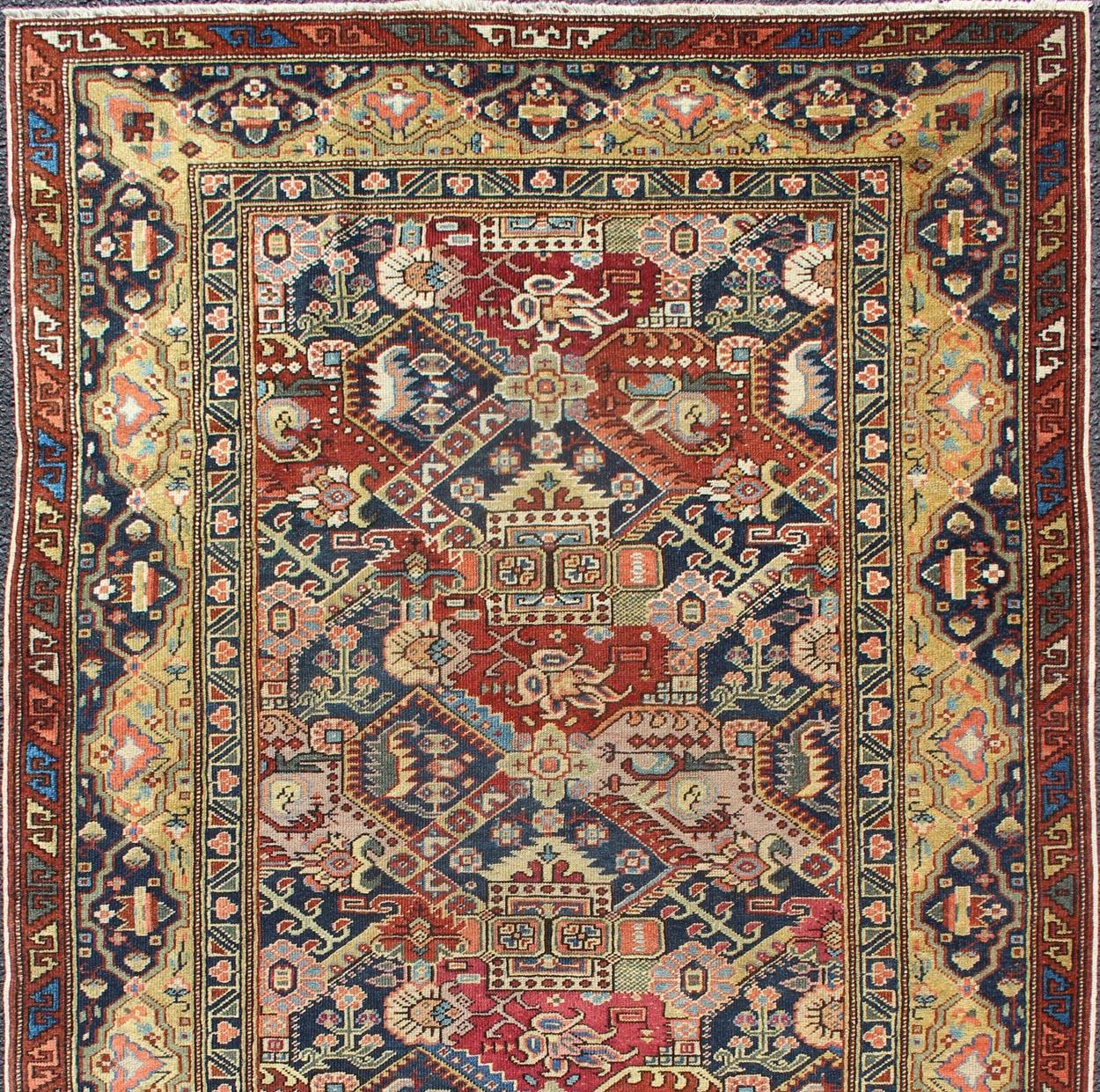 19th Century Exquisite Antique Caucasian Seychour Rug In Red's And Blue's.  Keivan Woven Arts / rug KBE-140401, country of origin / type: Caucus / Seychour, circa 1890.
Measures: 4'2 x 7'.
Seychour rugs are known for their heavily tribal designs.