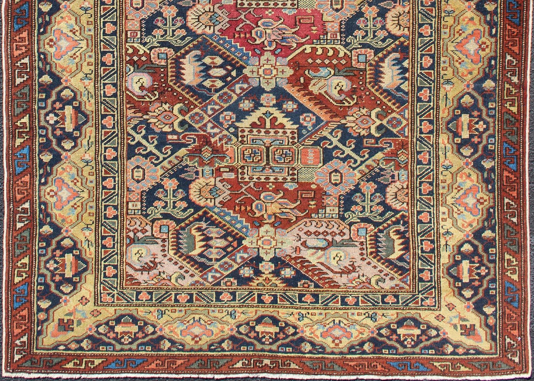 Kazakh Magnifique tapis caucasien ancien du 19ème siècle en rouge et bleu en vente