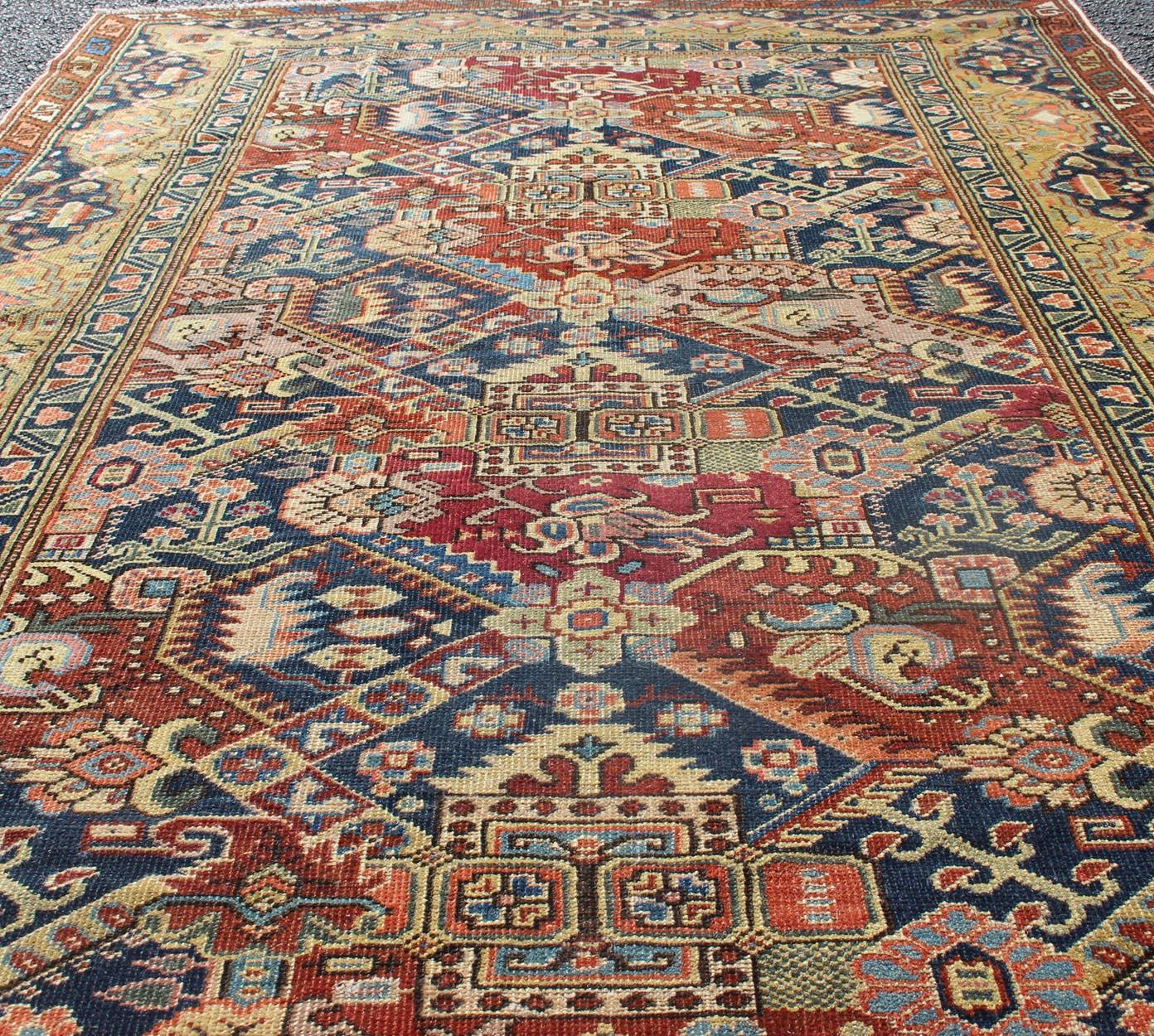 Russian 19th Century Exquisite Antique Caucasian Seychour Rug In Red's And Blue's For Sale