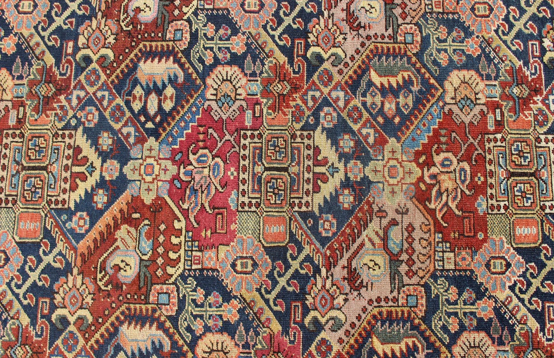 Hand-Knotted 19th Century Exquisite Antique Caucasian Seychour Rug In Red's And Blue's For Sale