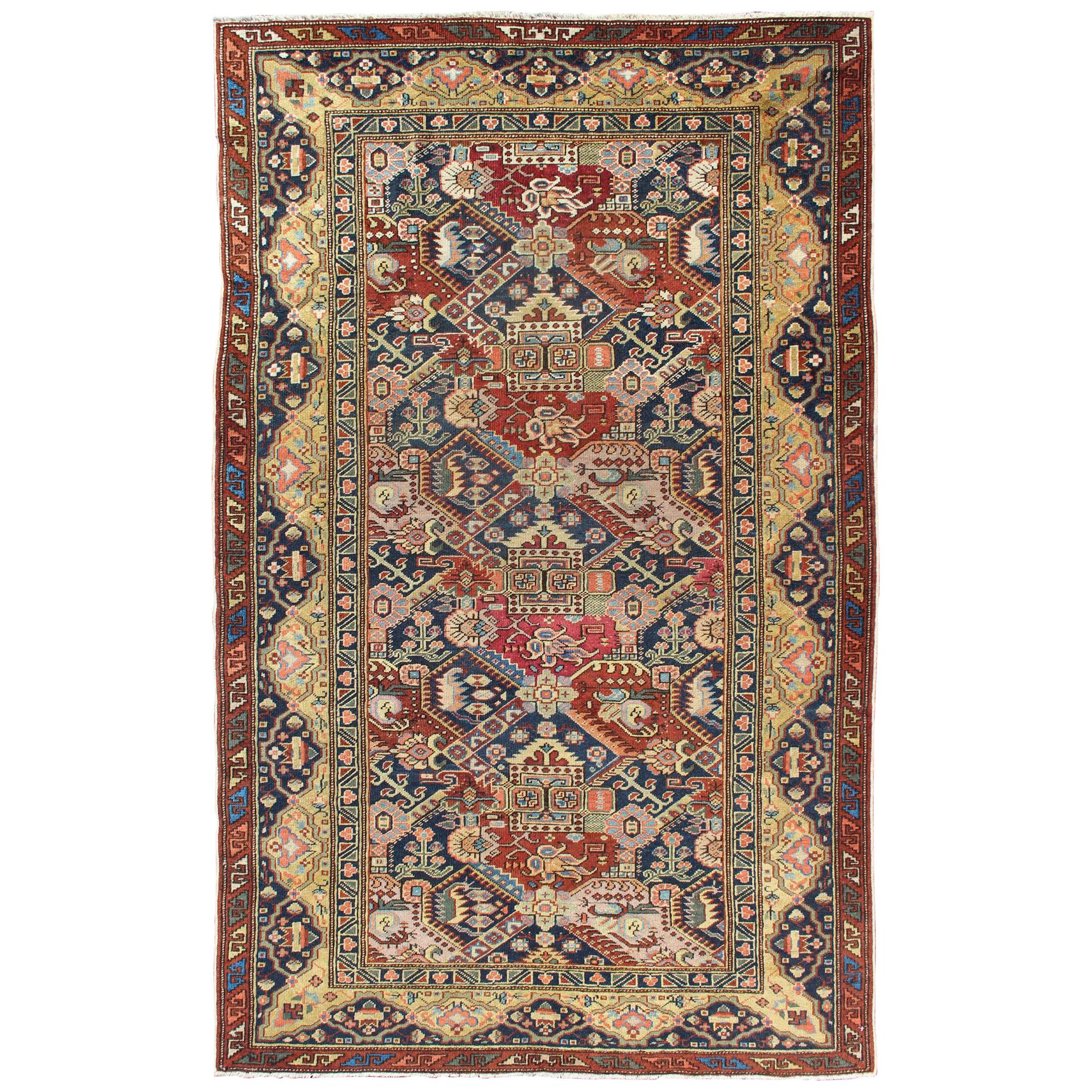 19th Century Exquisite Antique Caucasian Seychour Rug In Red's And Blue's For Sale