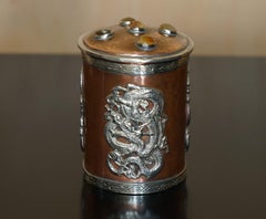 EXQUISITE ANTIQUE CHINESE COPPER & SiLVER CABOCHON LID MEIJI DYNASTY DRAGON POT