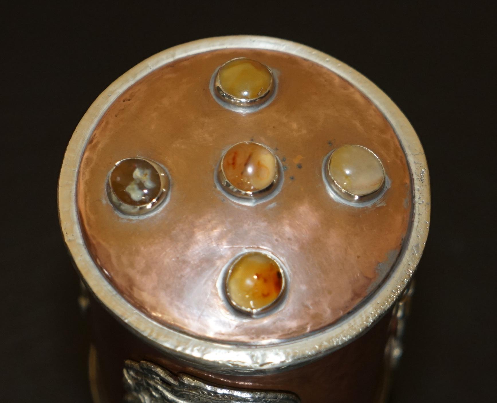 Chinese Export EXQUISITE ANTIQUE CHINESE COPPER & SiLVER CABOCHON LID MEIJI DYNASTY DRAGON POT For Sale