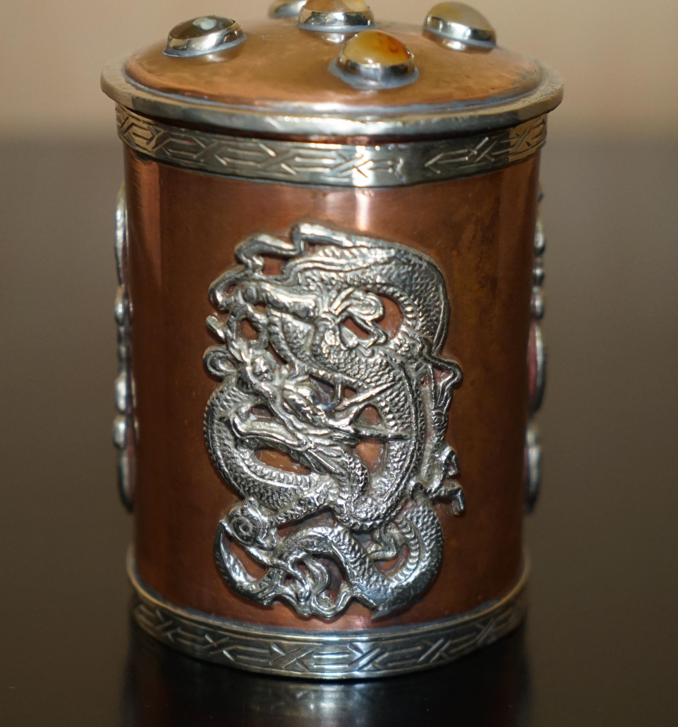 Chinese EXQUISITE ANTIQUE CHINESE COPPER & SiLVER CABOCHON LID MEIJI DYNASTY DRAGON POT For Sale