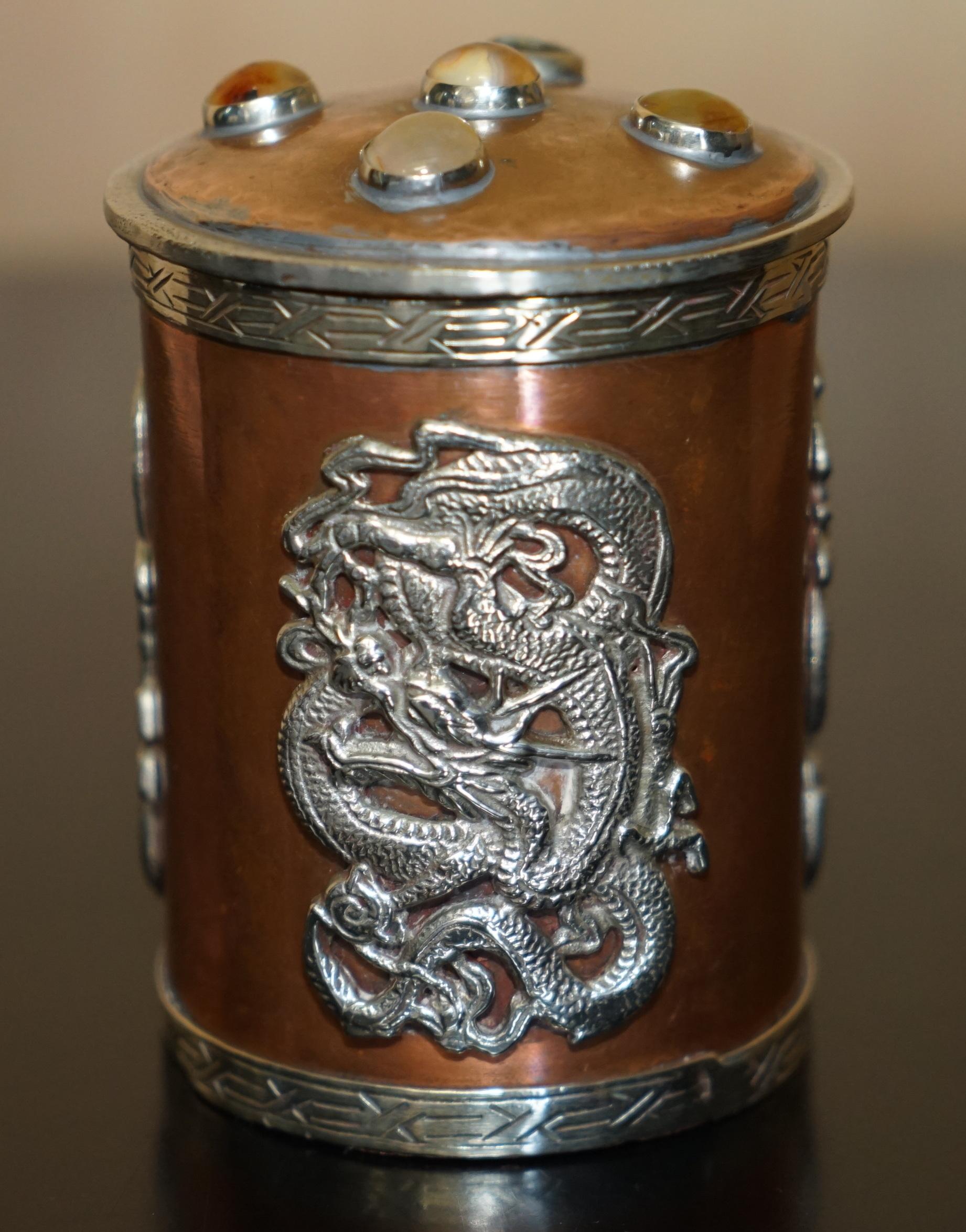 Hand-Crafted EXQUISITE ANTIQUE CHINESE COPPER & SiLVER CABOCHON LID MEIJI DYNASTY DRAGON POT For Sale