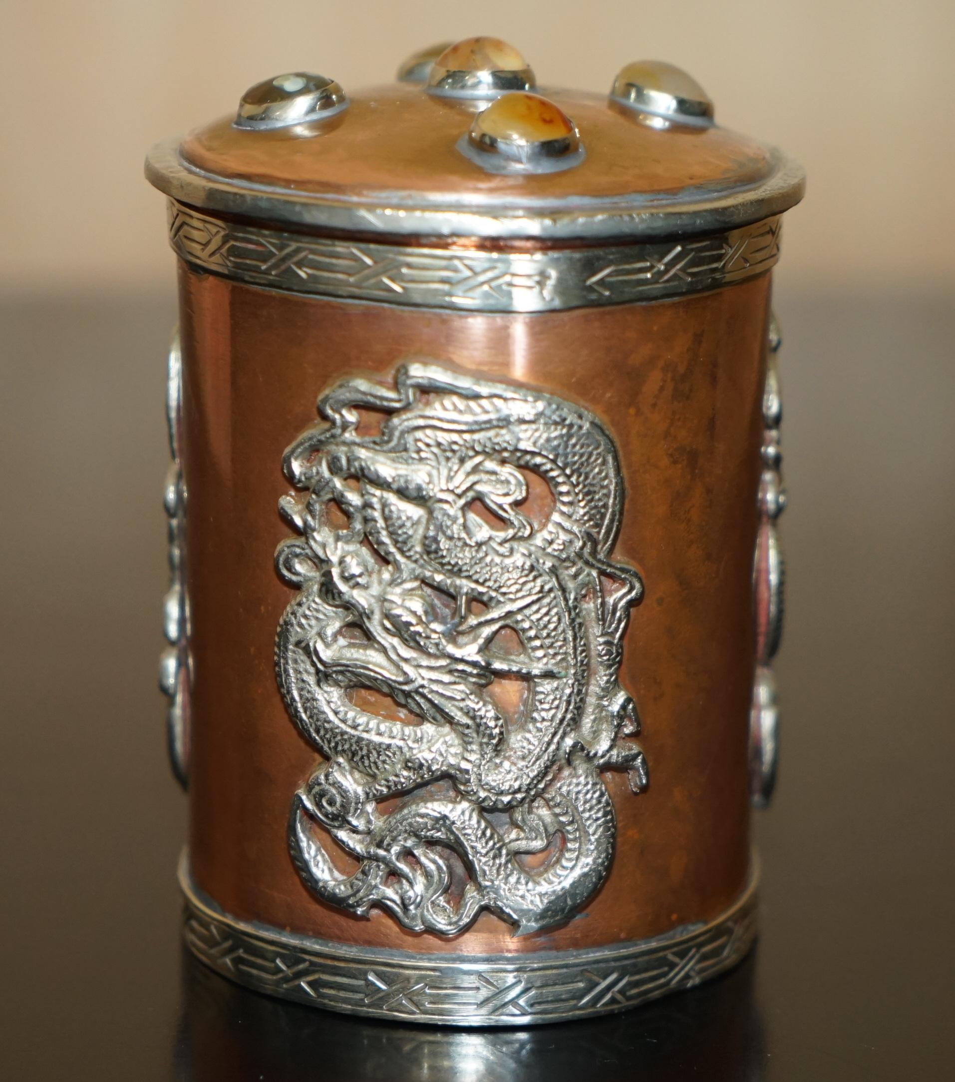 EXQUISITE ANTIQUE CHINESE COPPER & SiLVER CABOCHON LID MEIJI DYNASTY DRAGON POT In Good Condition For Sale In West Sussex, Pulborough