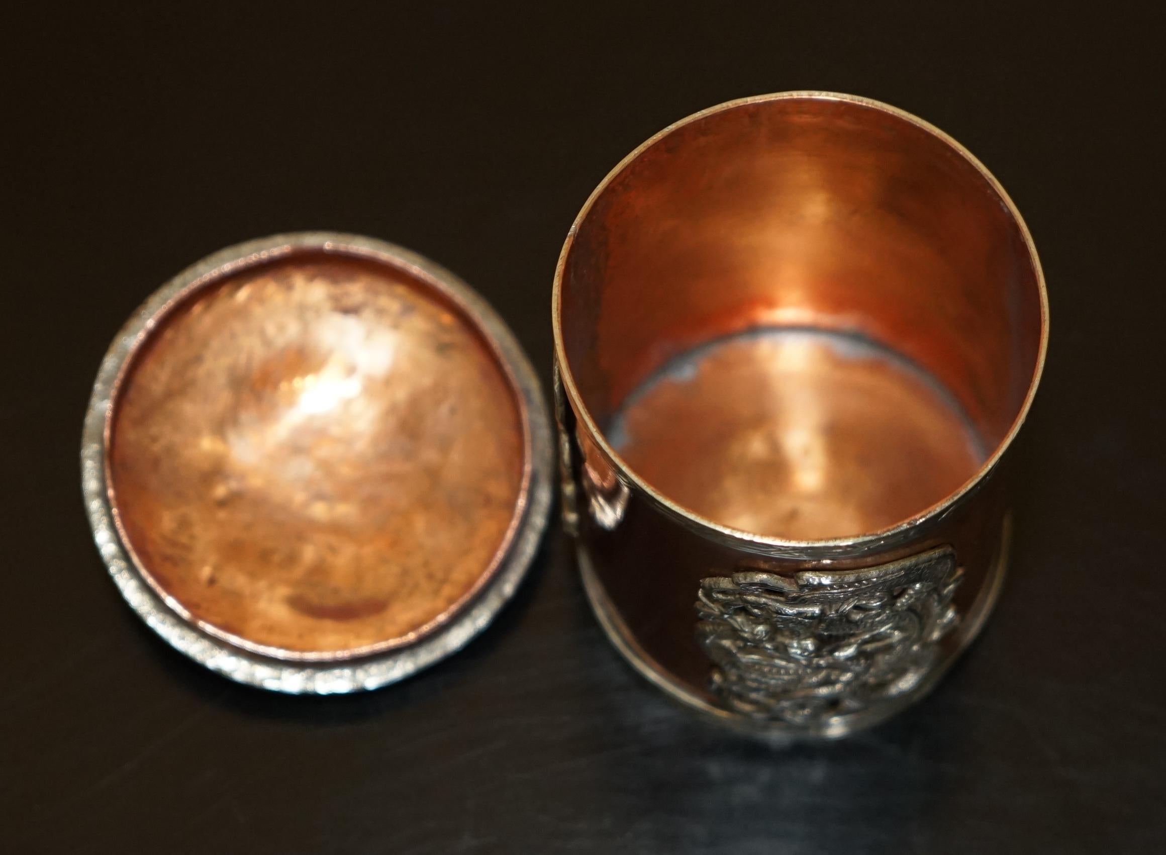 Silver EXQUISITE ANTIQUE CHINESE COPPER & SiLVER CABOCHON LID MEIJI DYNASTY DRAGON POT For Sale