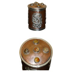 EXQUISITE CHINESE COPPER & SiLVER CABOCHON LID MEIJI DYNASTY DRAGON POT
