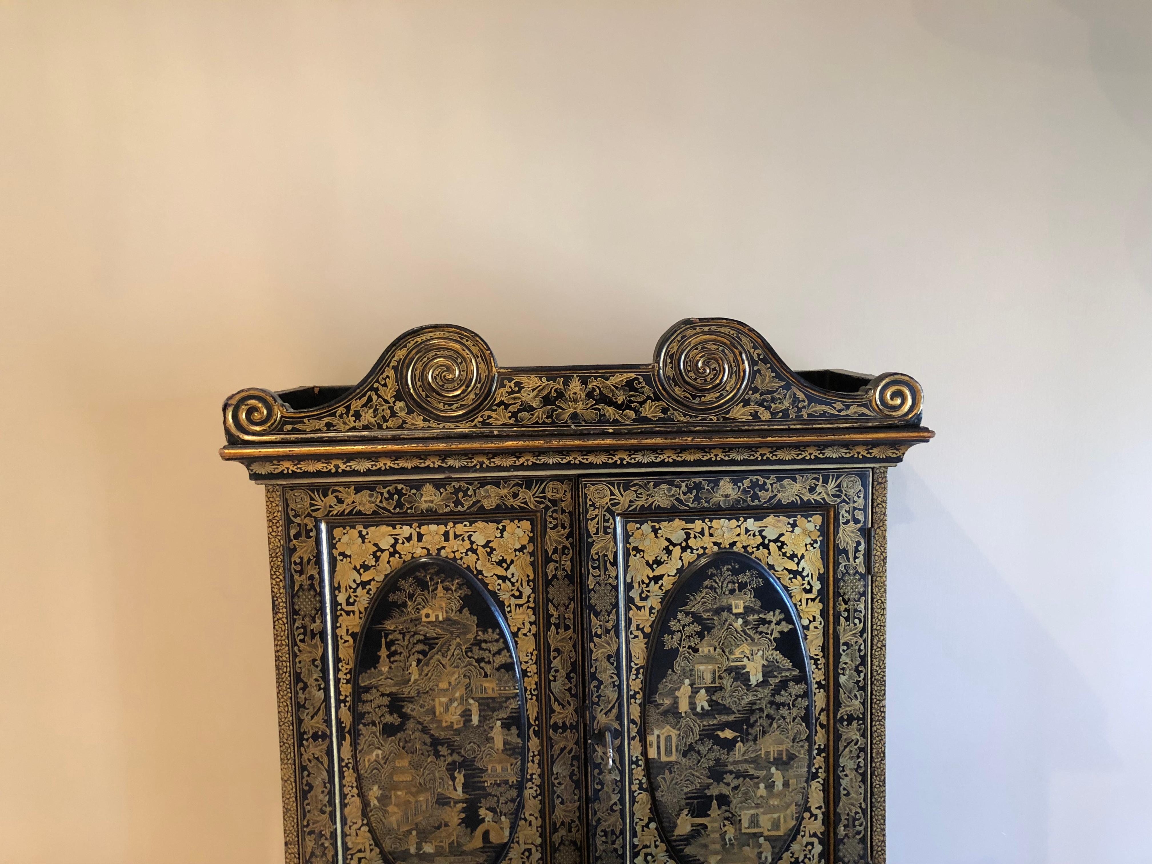 Exquisite Antique Chinese Export Gilt Decorated Black Lacquer Cabinet on Stand 4