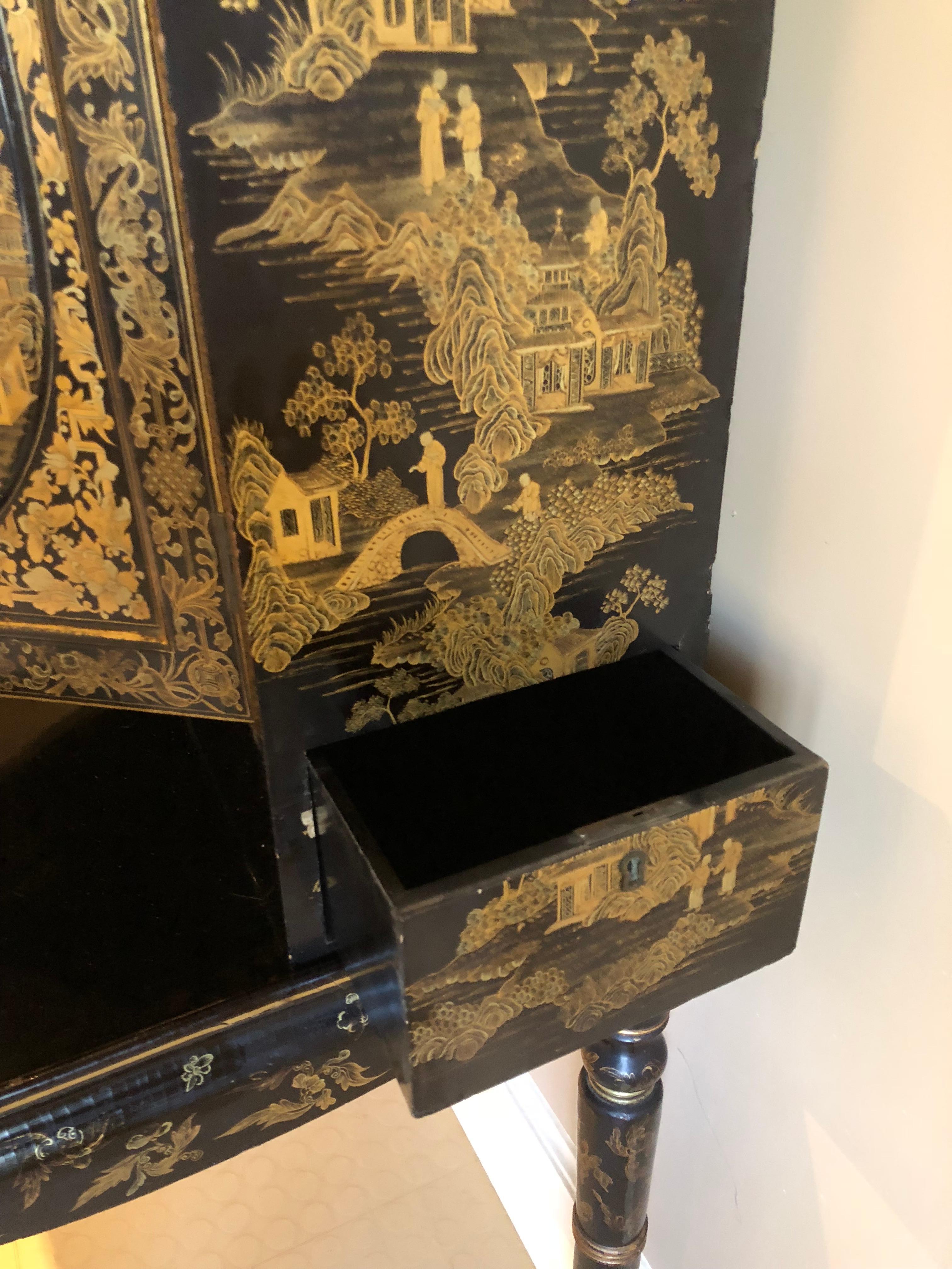 Exquisite Antique Chinese Export Gilt Decorated Black Lacquer Cabinet on Stand 6