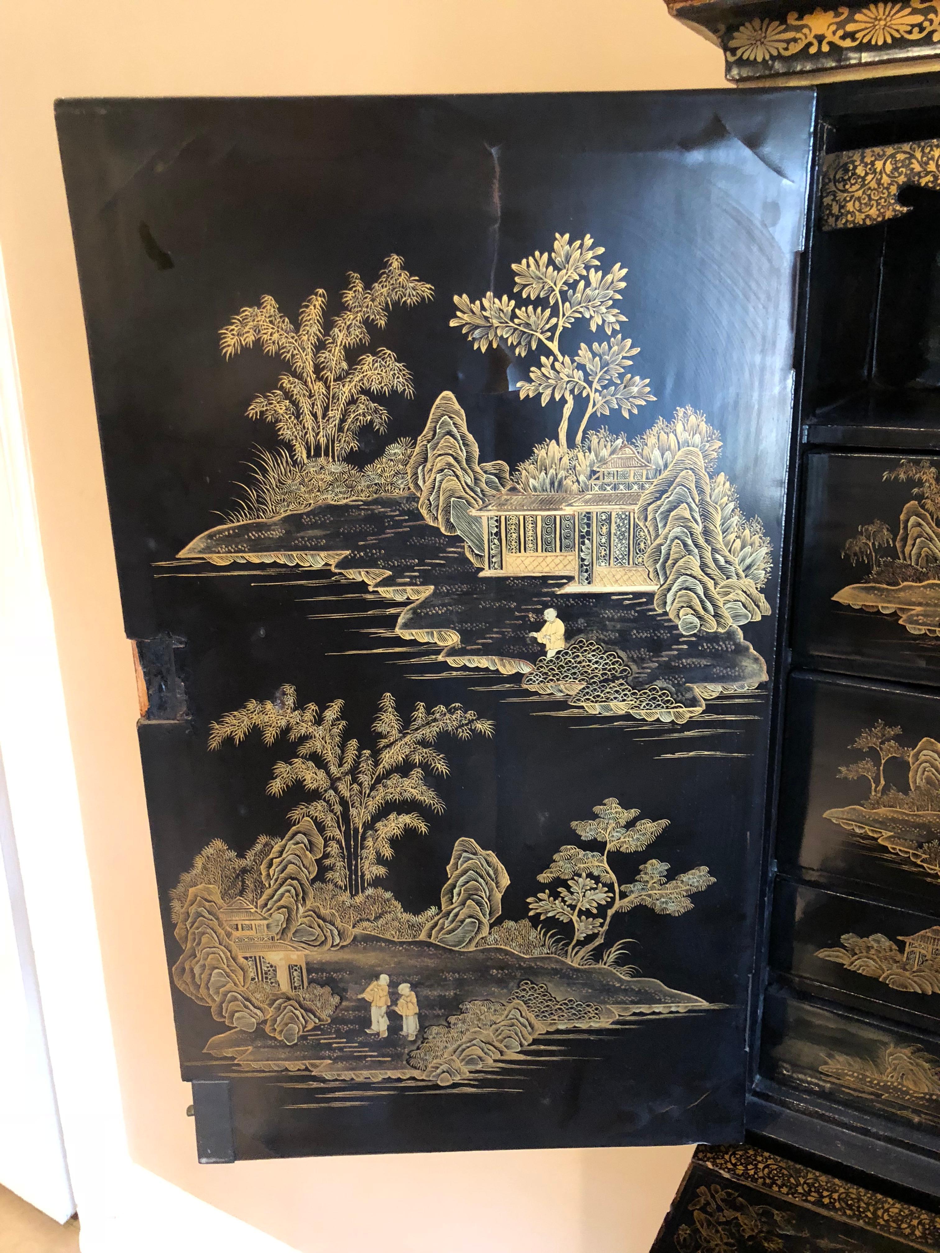 Exquisite Antique Chinese Export Gilt Decorated Black Lacquer Cabinet on Stand 9