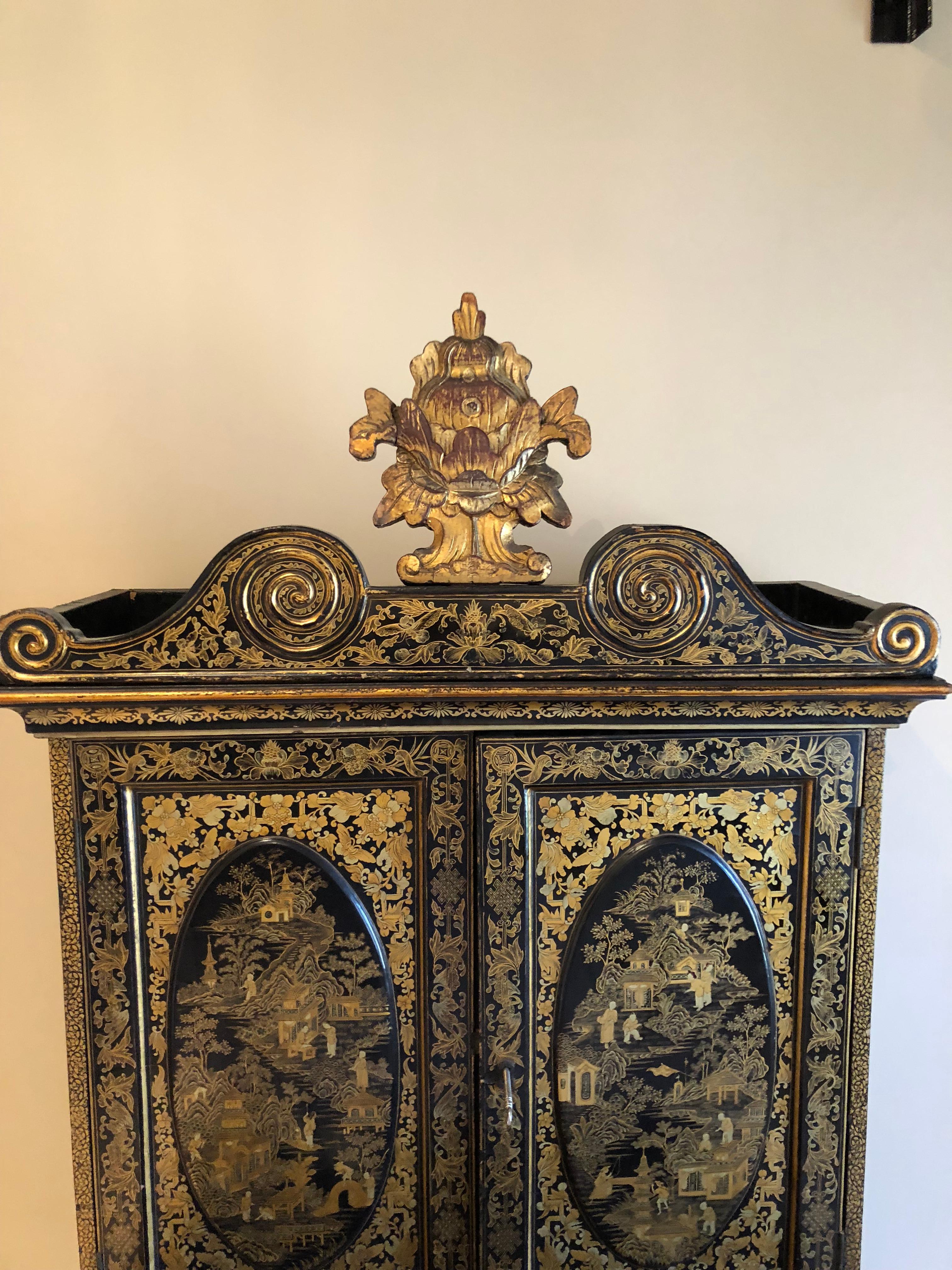 Exquisite Antique Chinese Export Gilt Decorated Black Lacquer Cabinet on Stand 10