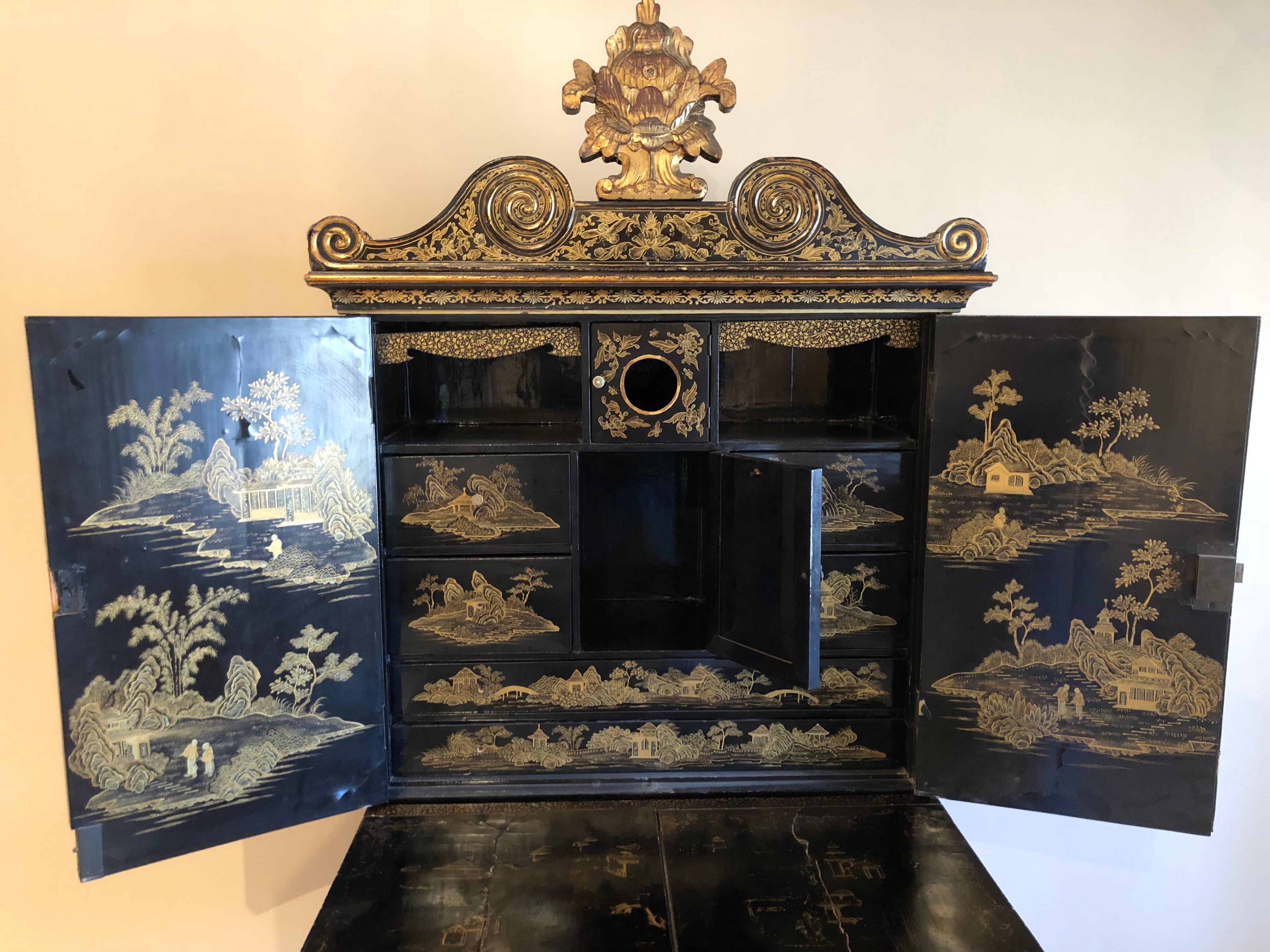 Lacquered Exquisite Antique Chinese Export Gilt Decorated Black Lacquer Cabinet on Stand