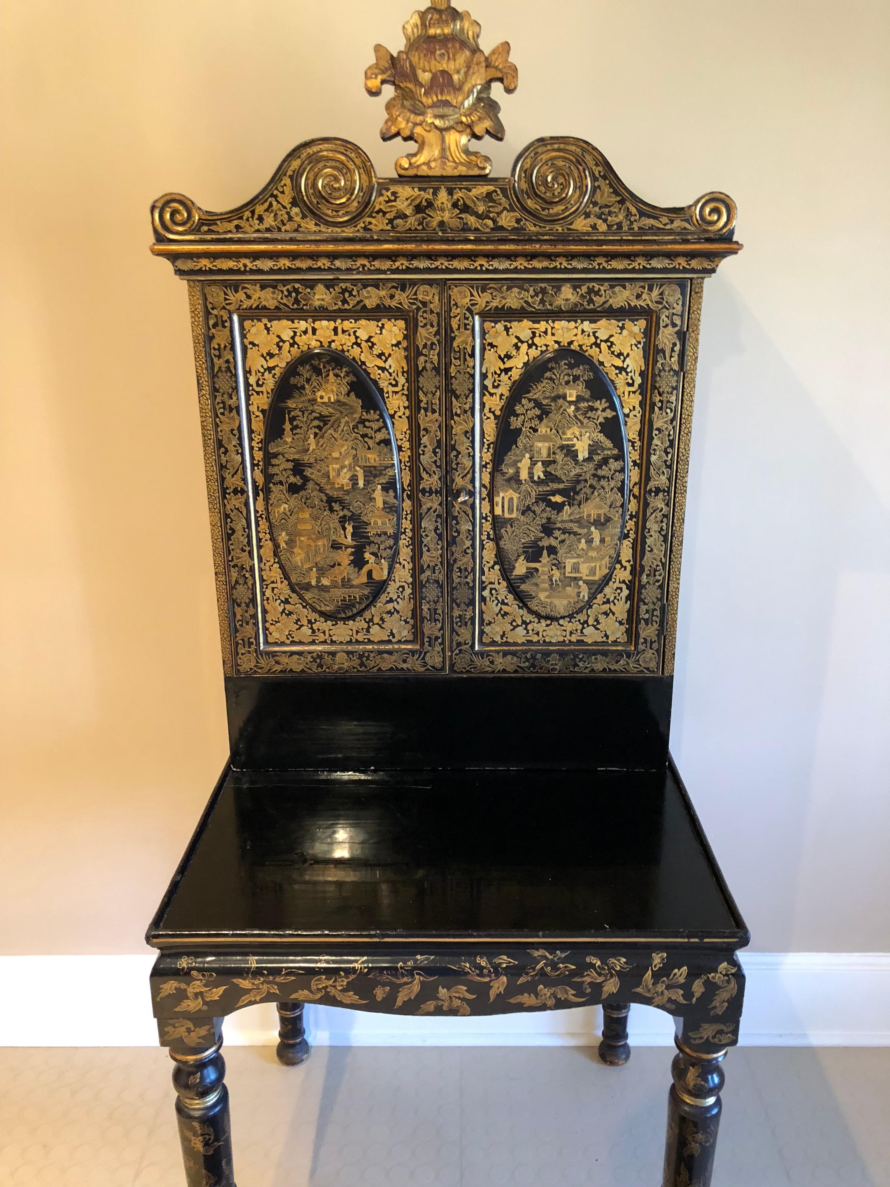 Exquisite Antique Chinese Export Gilt Decorated Black Lacquer Cabinet on Stand In Good Condition In Hopewell, NJ