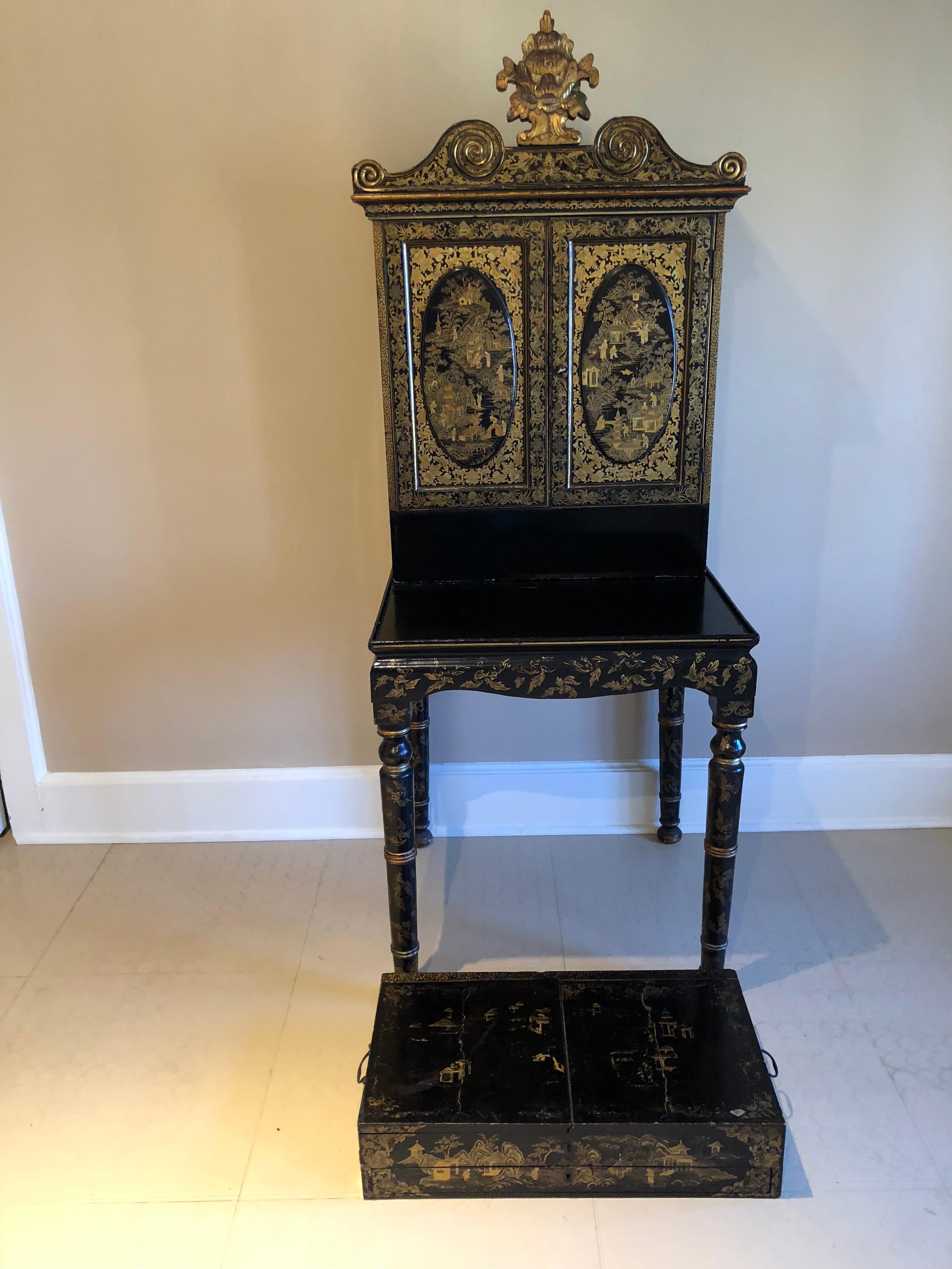 19th Century Exquisite Antique Chinese Export Gilt Decorated Black Lacquer Cabinet on Stand