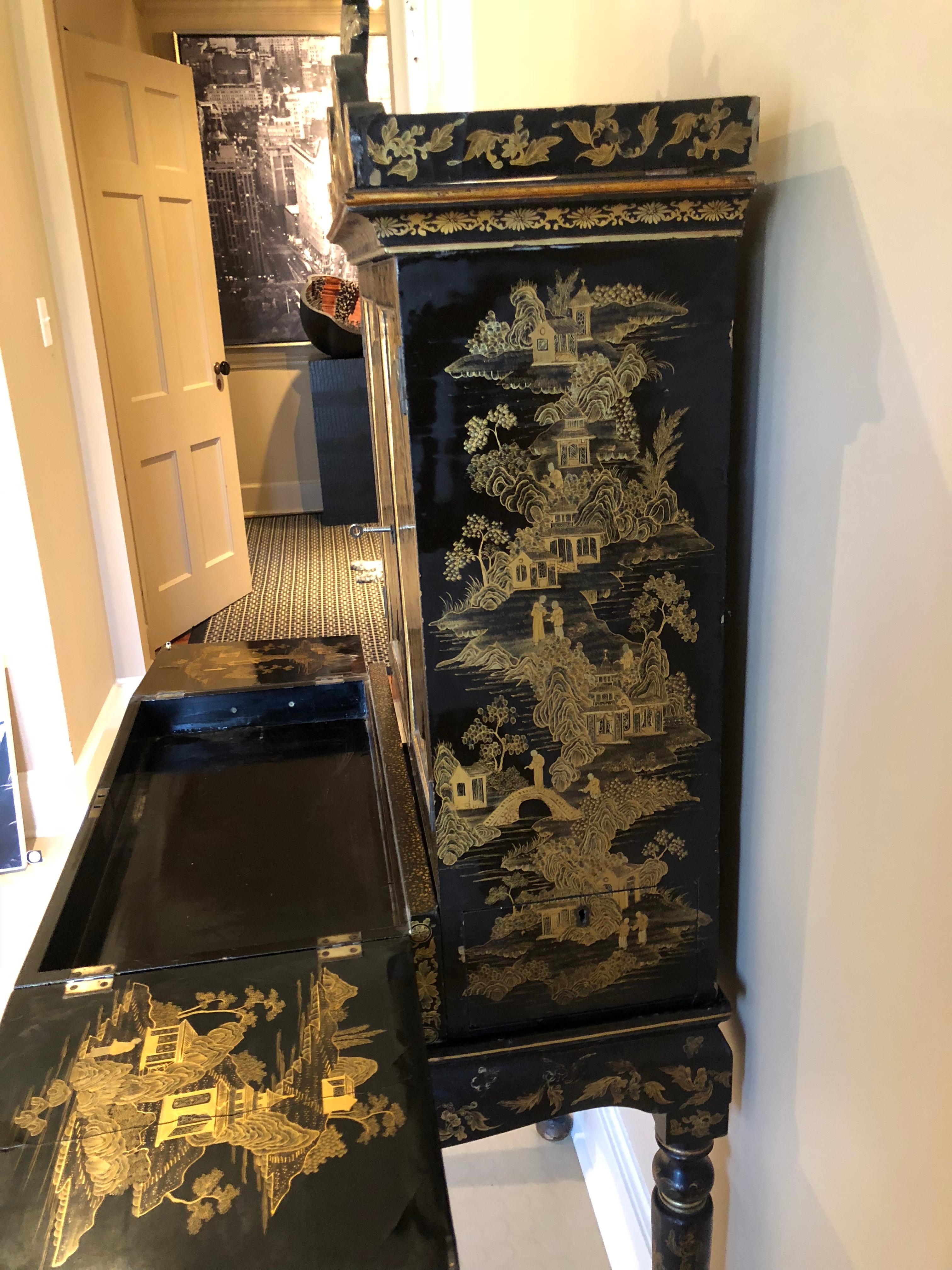Wood Exquisite Antique Chinese Export Gilt Decorated Black Lacquer Cabinet on Stand