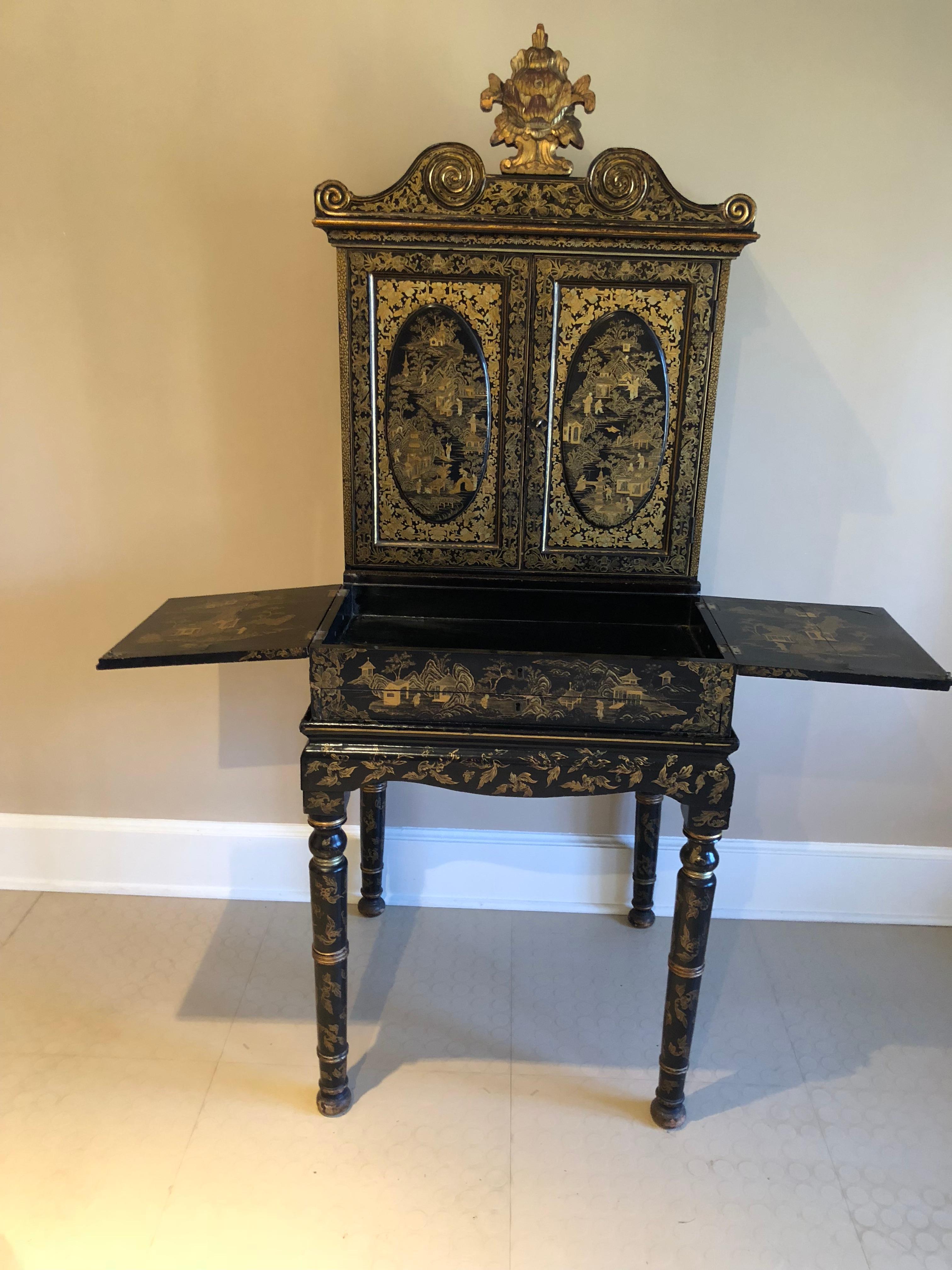 Exquisite Antique Chinese Export Gilt Decorated Black Lacquer Cabinet on Stand 2
